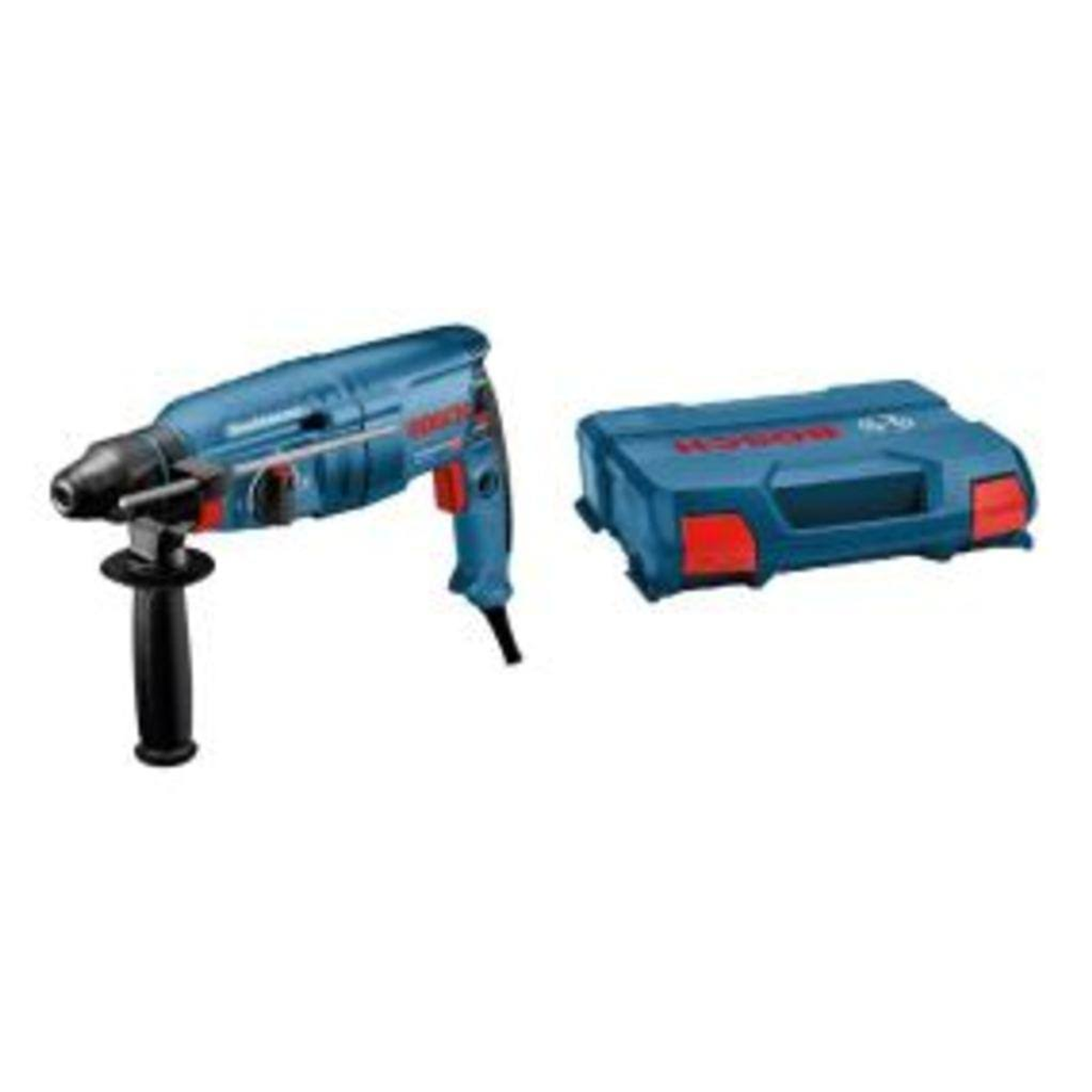 Ein blauer Bosch Bohrhammer und ein blauer Tragekoffer, beide auf weißem Hintergrund.