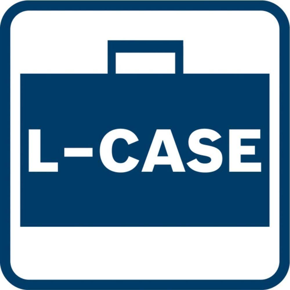 Ein marineblaues L-CASE-Logo in einem weiß umrandeten blauen Quadrat. Der Text ist weiß und fett.