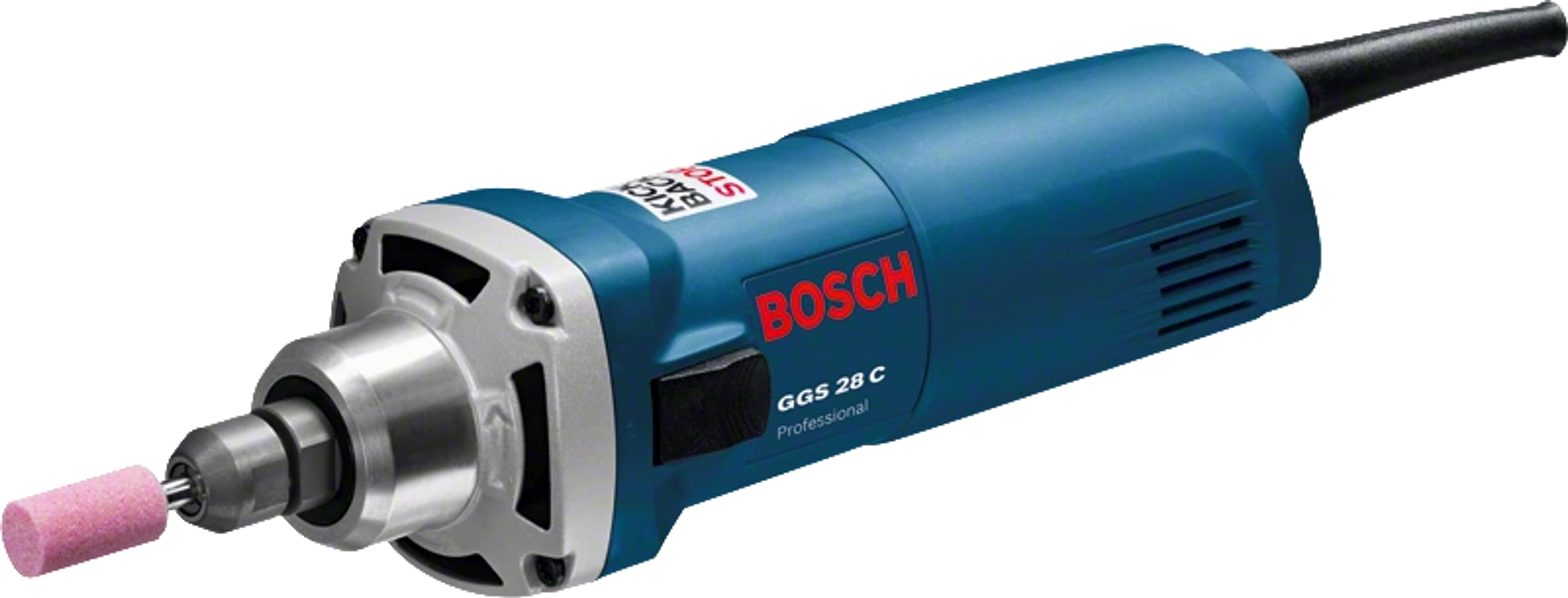 Amoladora Bosch azul. Texto Bosch rojo. Piedra de amolar rosa. Cable negro.
