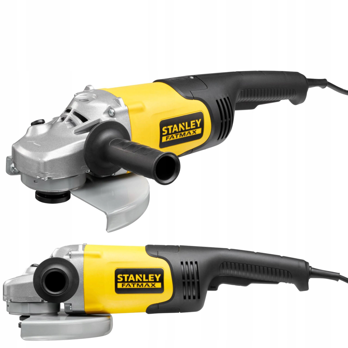 Amoladora Stanley Fatmax. Amarillo y negro. Disco plateado. Mango negro. Fondo blanco.