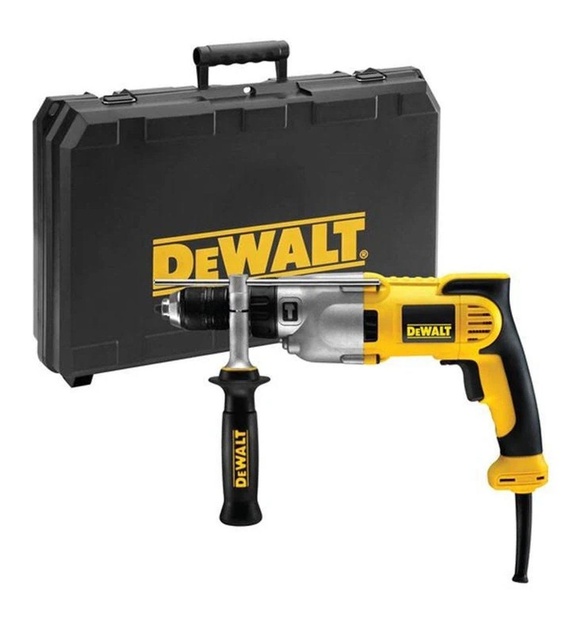 Trapano DeWalt giallo e nero con valigetta. Ha un'impugnatura laterale e sfondo bianco.