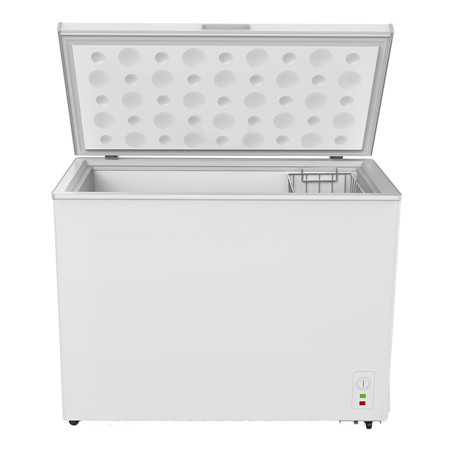Freezer a pozzo bianco con coperchio aperto. Interno visibile, con cestello.