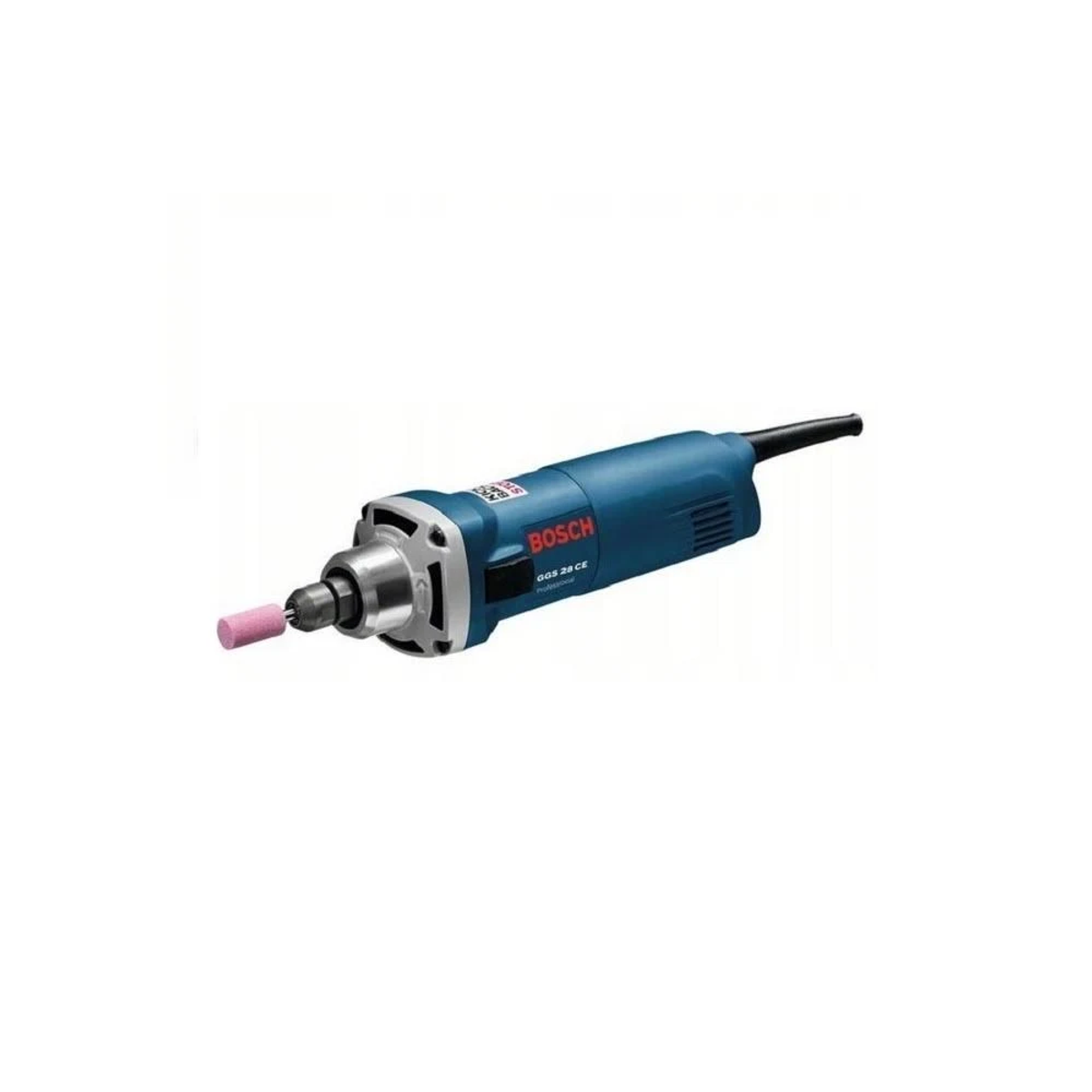 Amoladora angular azul Bosch GGS 28 CE con piedra de amolar rosa. Aislada sobre fondo blanco.