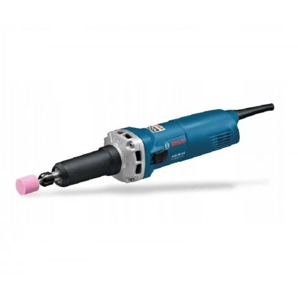 Una amoladora Bosch azul y negra con una punta de amolado rosa. Está sobre una superficie blanca.