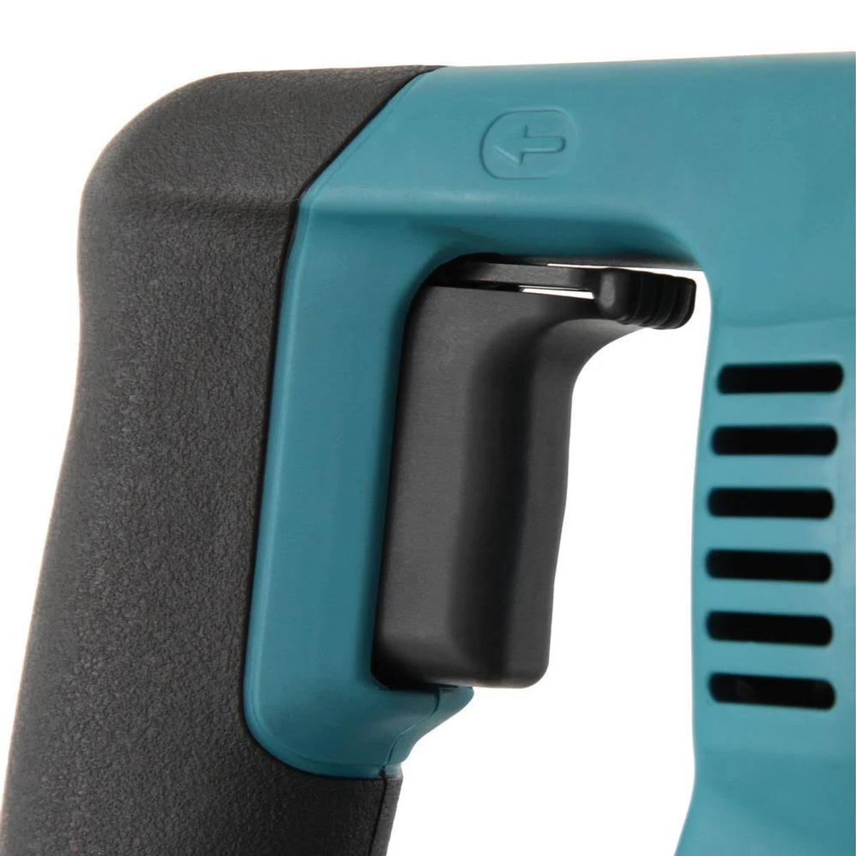 Zbliżenie na uchwyt i spust turkusowo-czarnego elektronarzędzia. Uchwyt jest teksturowany.