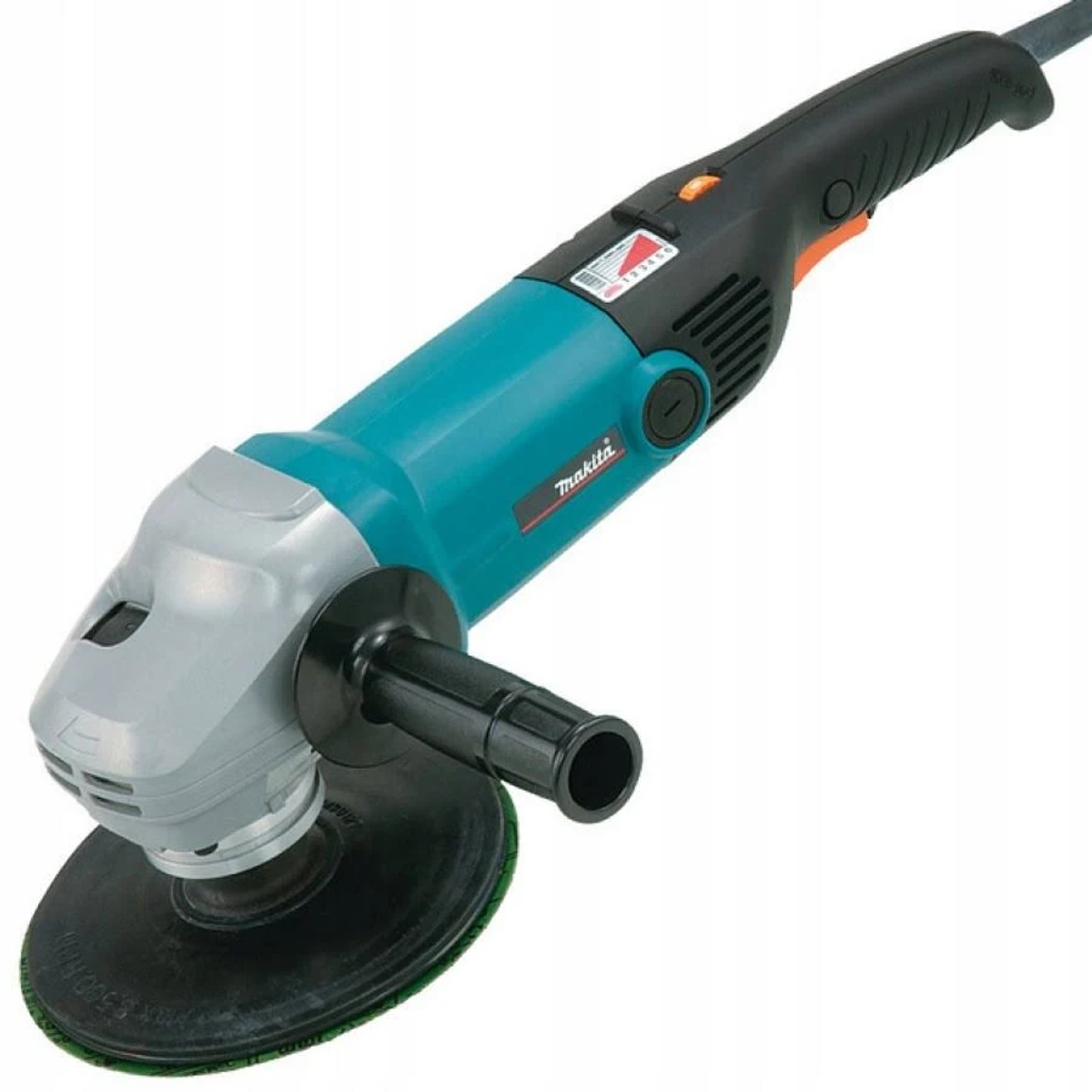 Una amoladora Makita turquesa y gris con mango negro y disco de lijado.