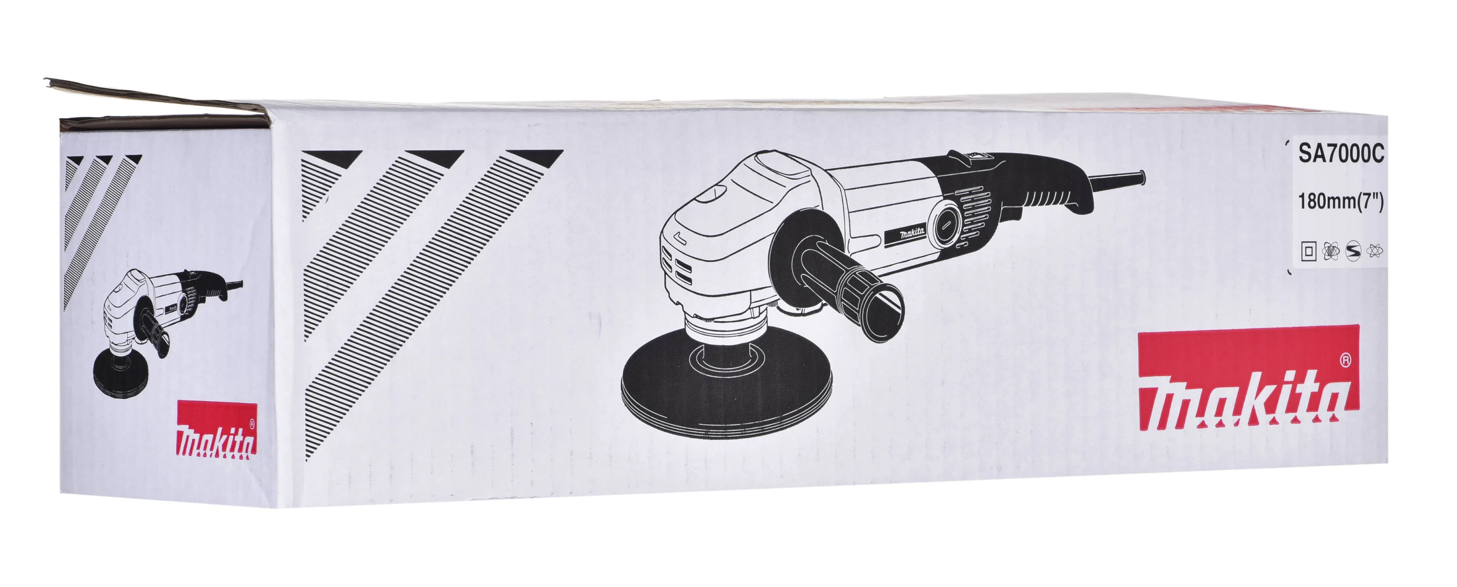 Caja de herramientas Makita, blanca con dibujos negros, etiquetada SA7000C, 180mm, vista lateral.