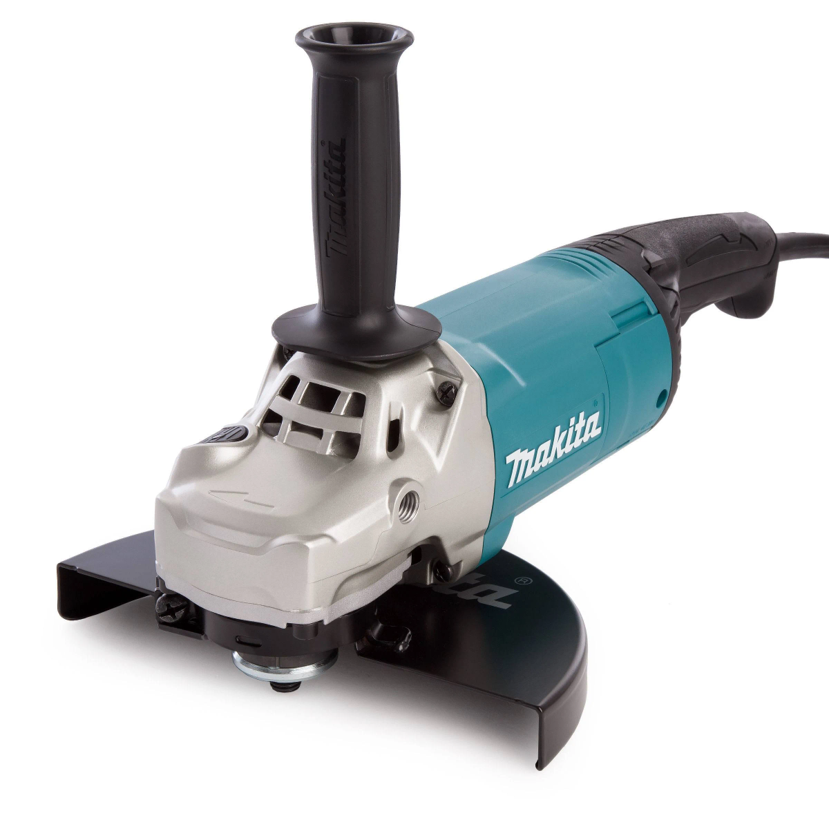 Una amoladora angular Makita sobre una superficie blanca, mango negro, cuerpo turquesa, cabeza plateada.