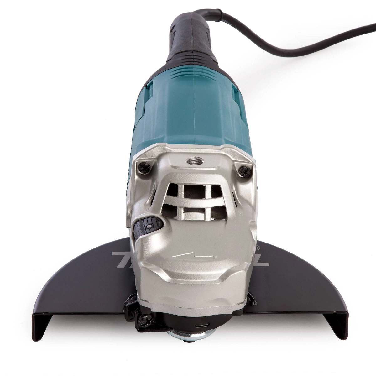 Una vista superior de una amoladora angular Makita con un protector negro. El cuerpo es turquesa y plateado.