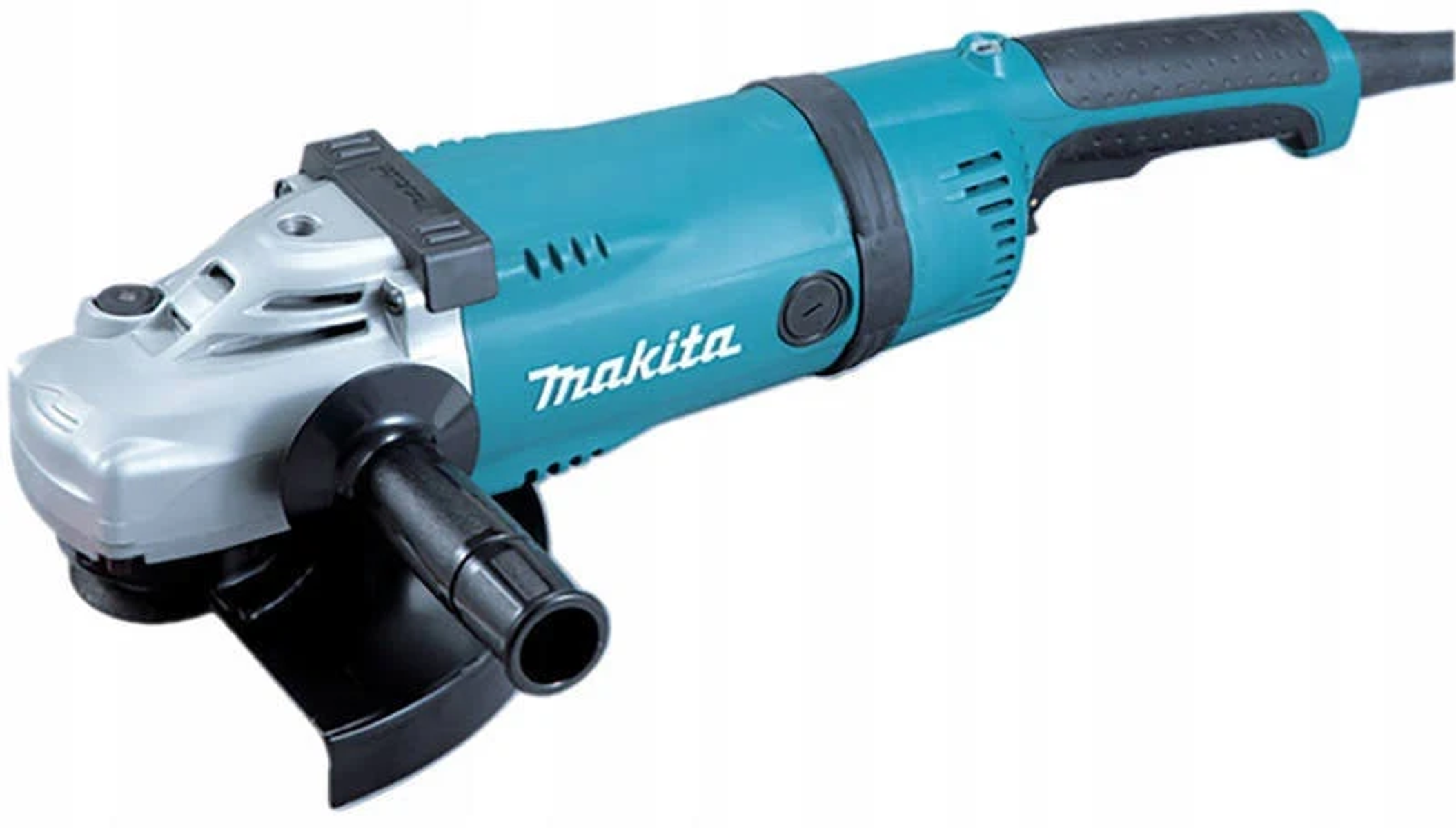 Amoladora angular, turquesa y gris, marca Makita. Mango negro y lateral. Cabeza plateada.
