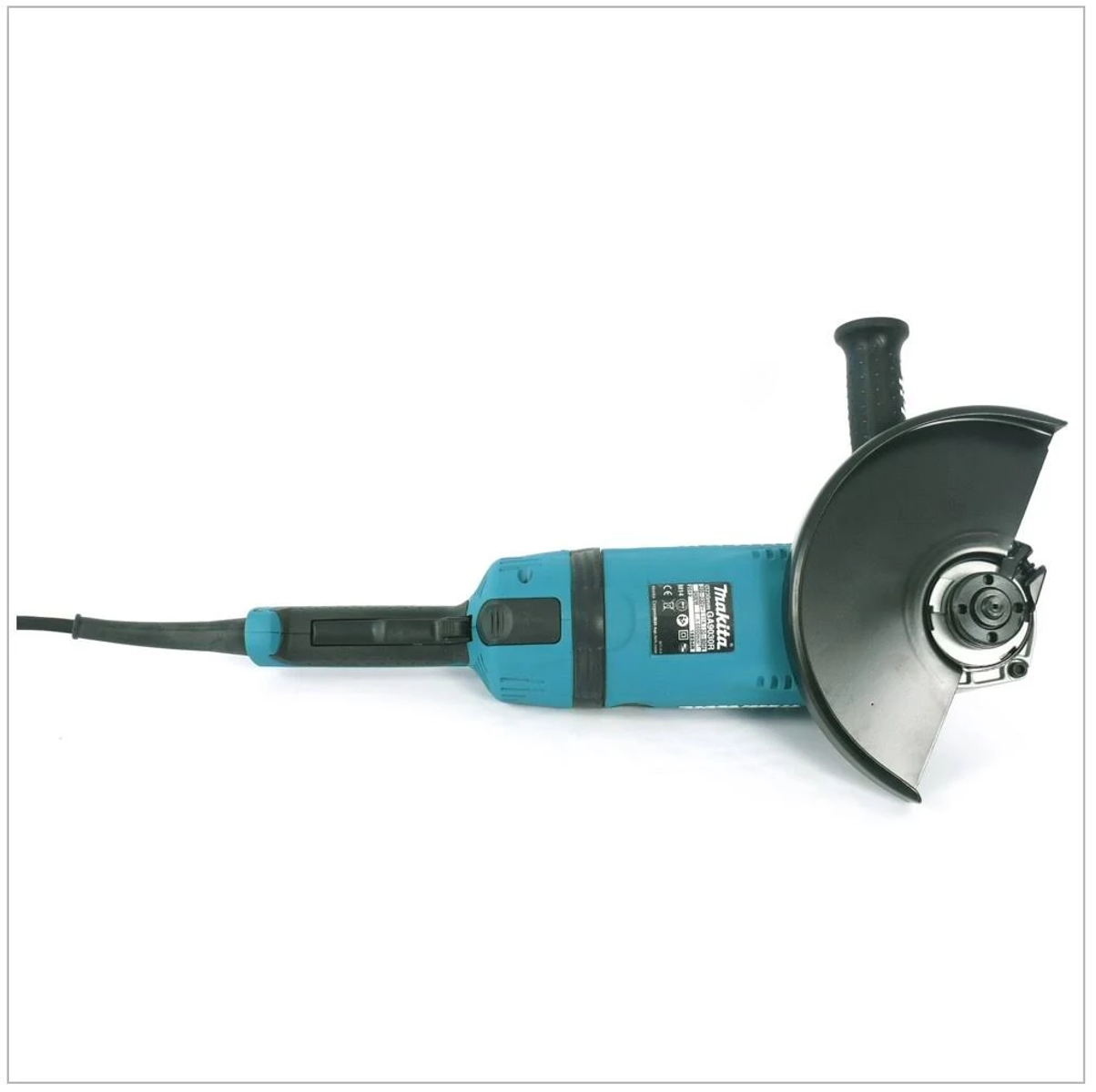 Una amoladora angular Makita de color turquesa con un mango negro, protector negro y cable de alimentación.