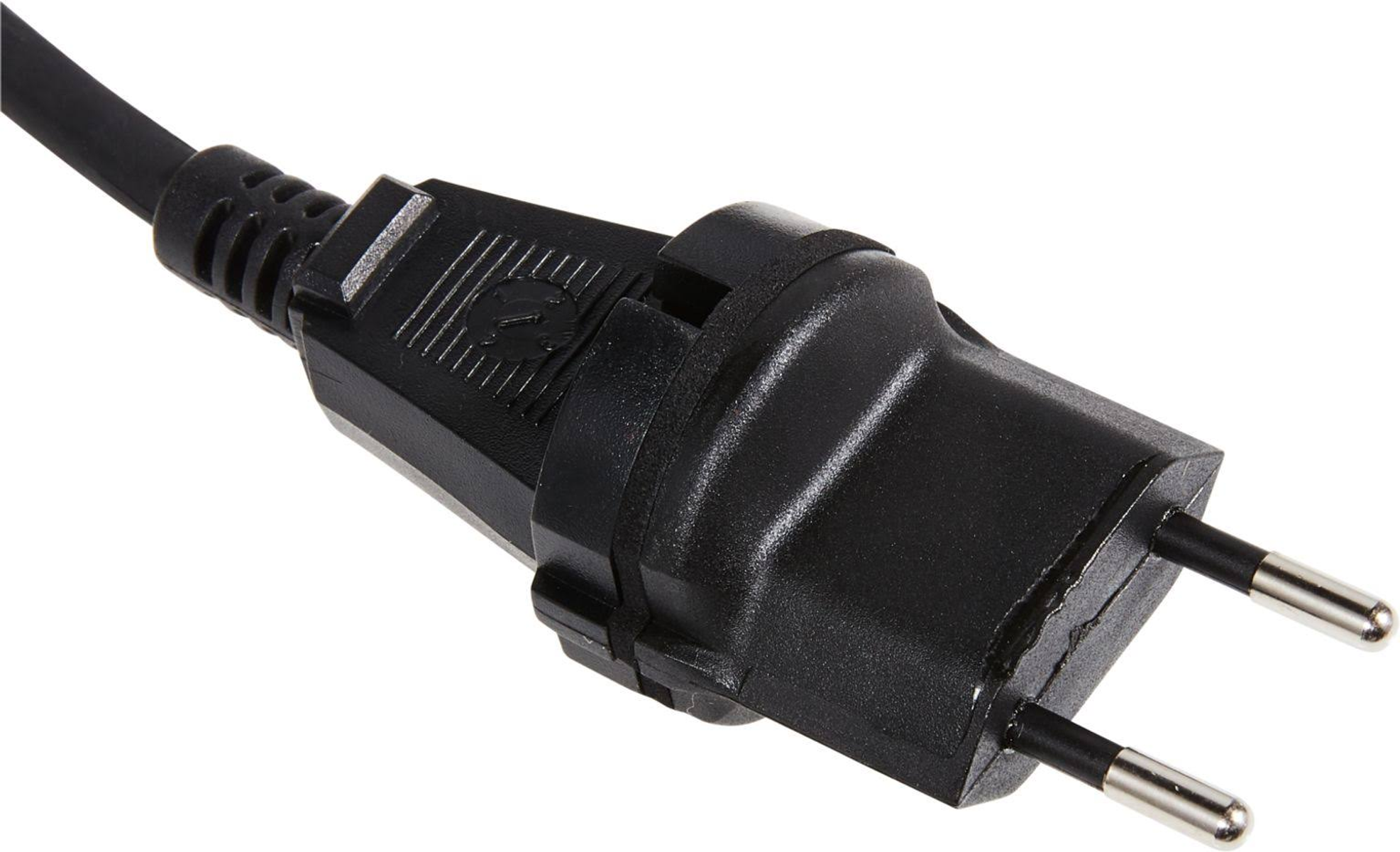 Ein schwarzer Netzstecker mit zwei Stiften. Der Stecker ist für europäische Steckdosen.