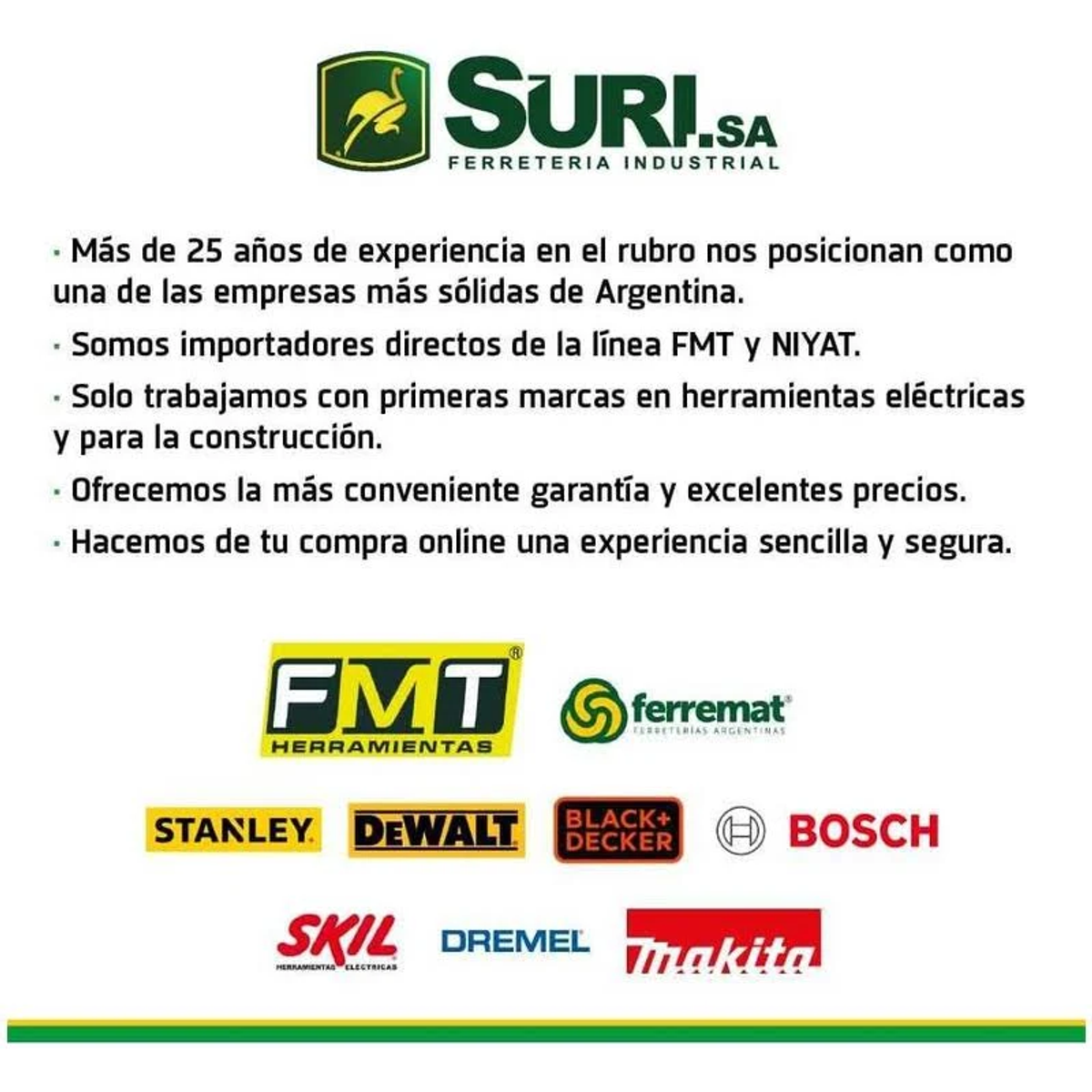 Anuncio de texto con logos de marcas de herramientas.