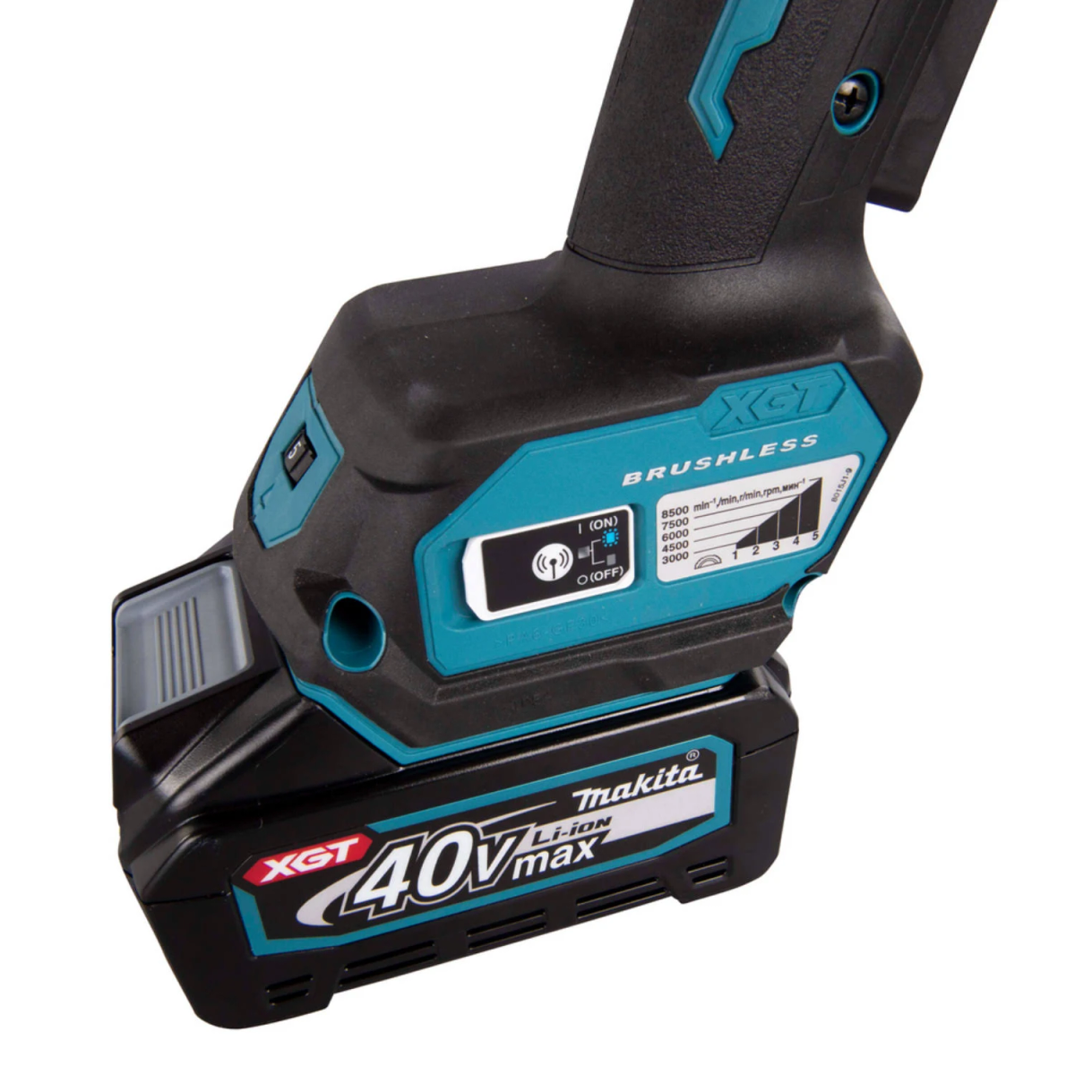 Herramienta Makita negra y verde azulado con batería de 40 V máx. Tiene una pantalla digital.