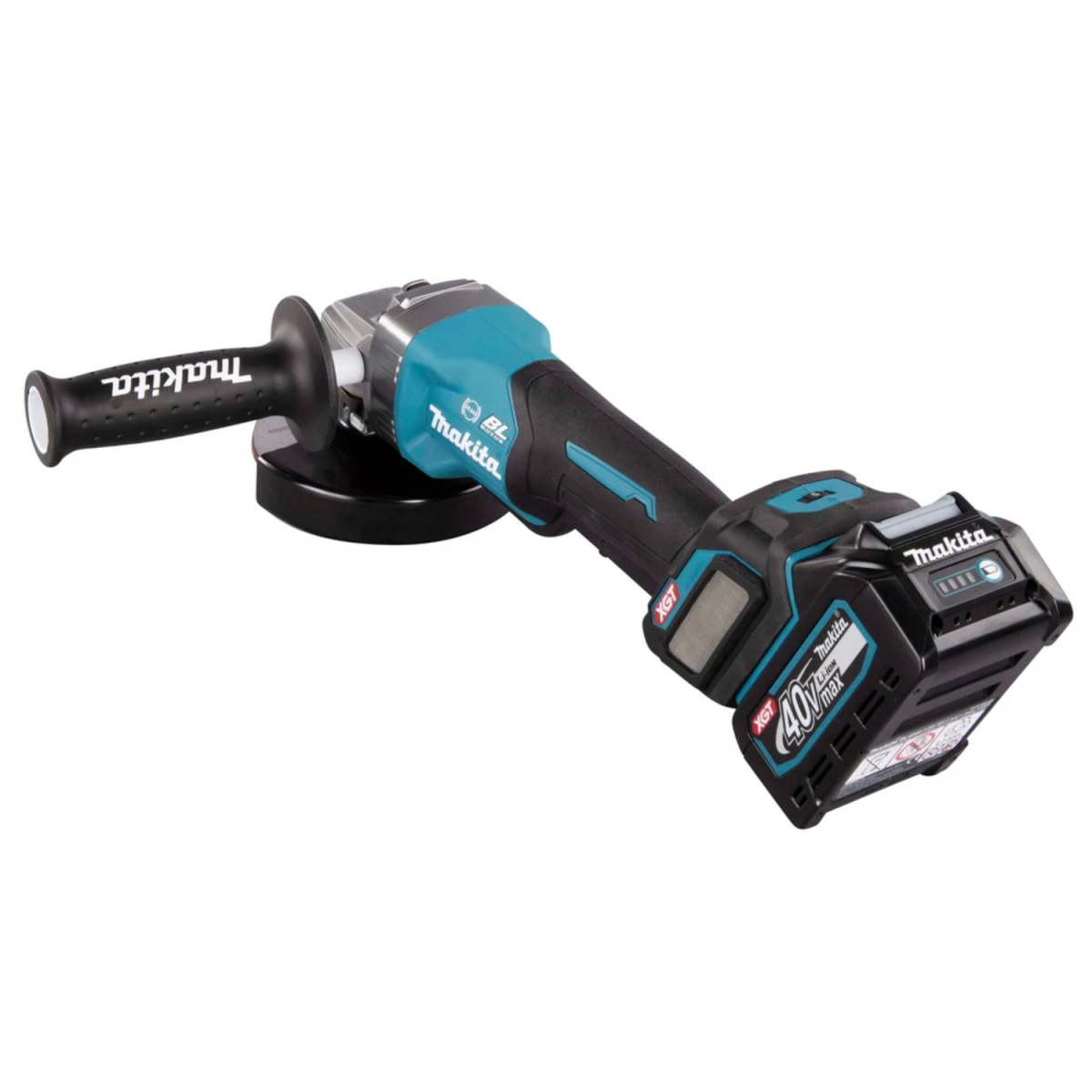 Una amoladora angular Makita sobre un fondo blanco. Combinación de colores negro y verde azulado. La amoladora está en un fondo blanco.