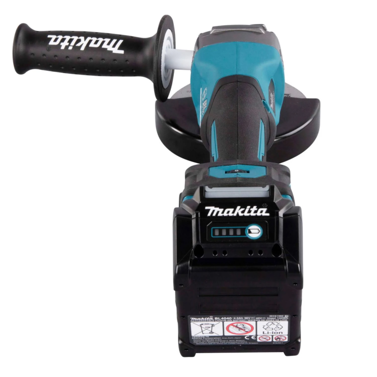 Vista superior de una amoladora angular Makita azul y negra con asa y batería.