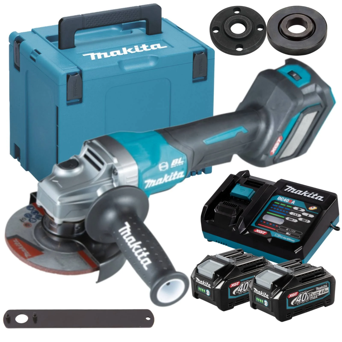 Juego de amoladora angular Makita con cargador, baterías y estuche, en blanco. Amoladora plateada y negra.