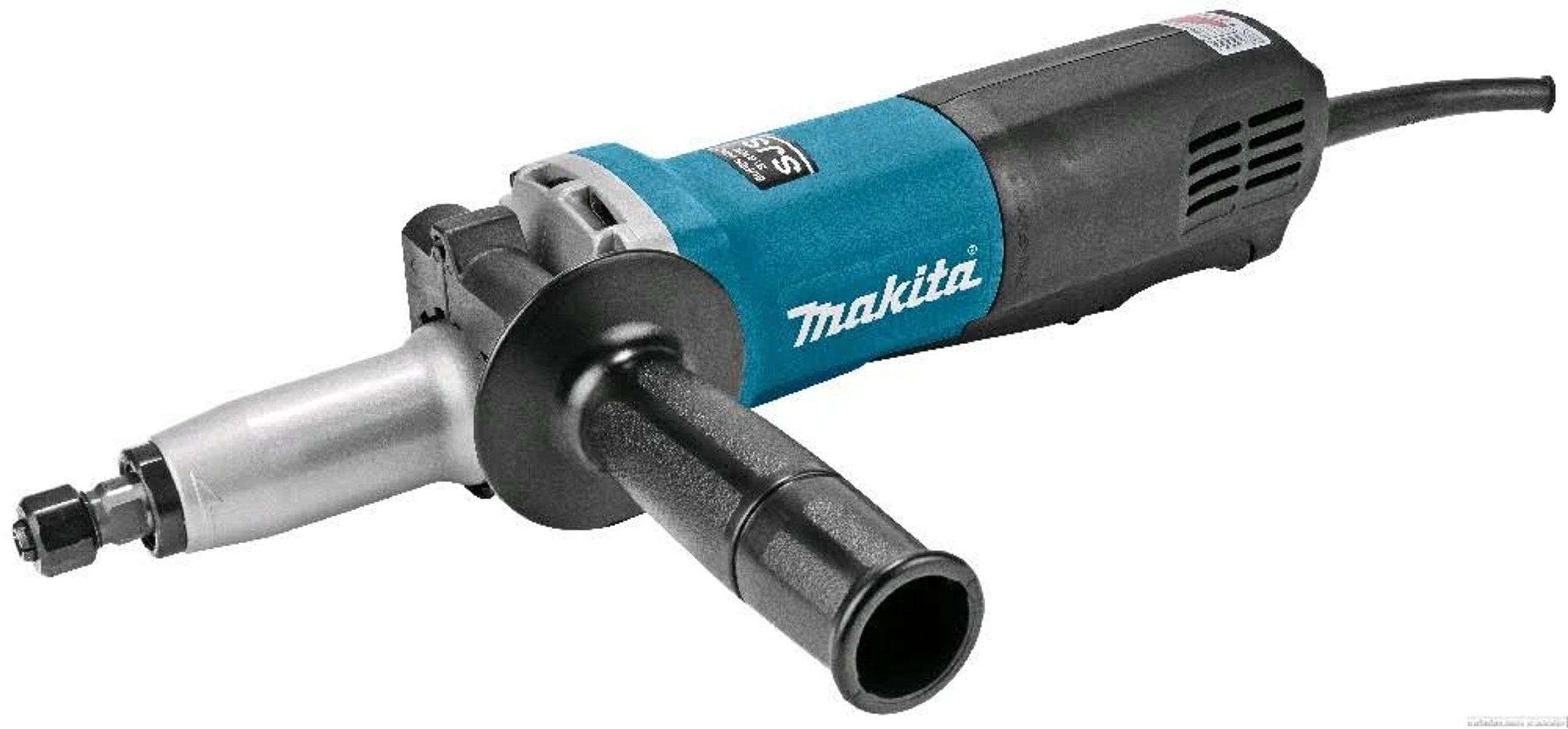 Amoladora recta Makita turquesa y negra con mango negro y cabezal plateado.