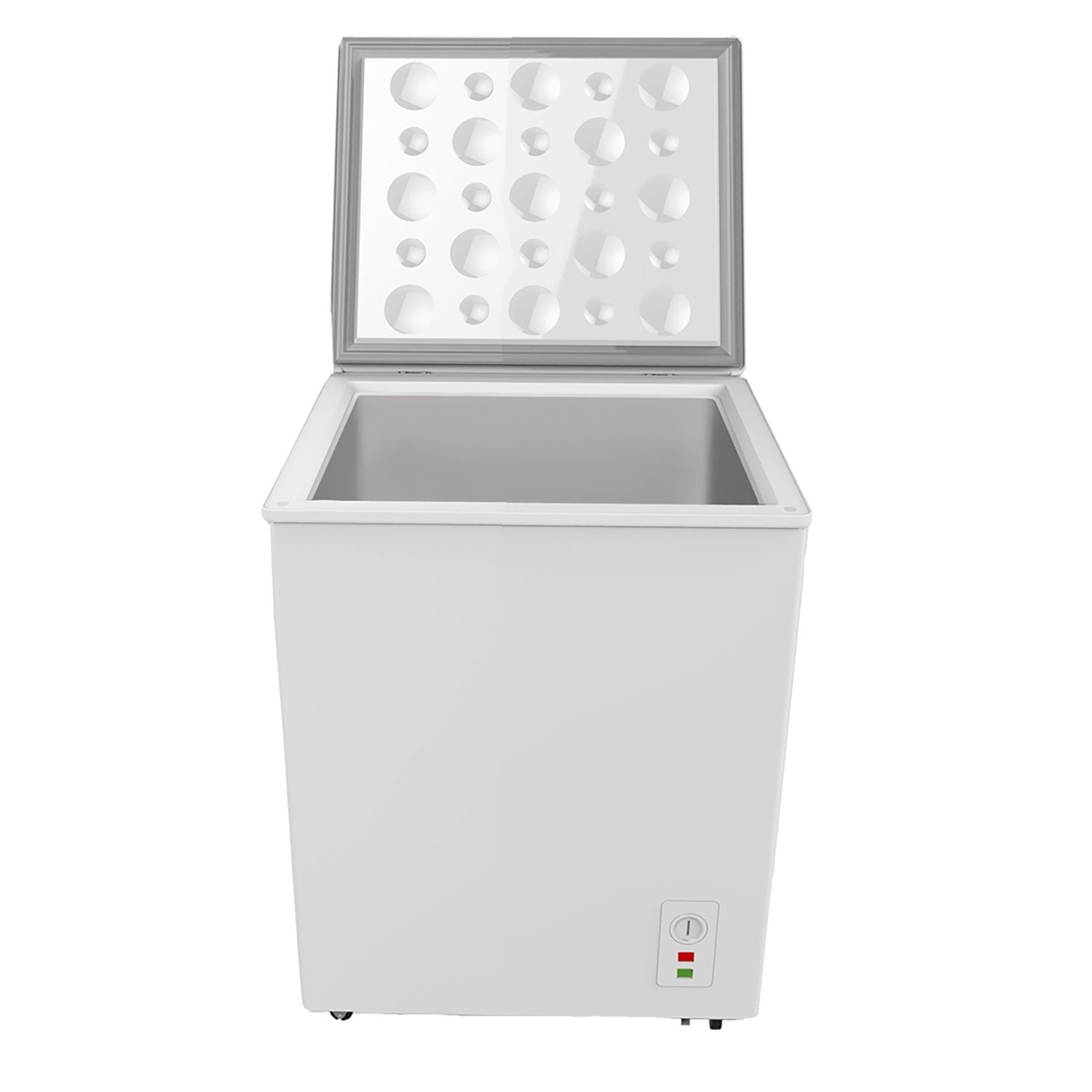 Congelatore a pozzo bianco con coperchio aperto, rivelando l'interno vuoto.