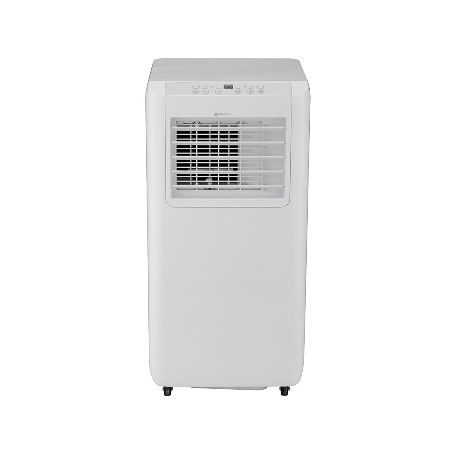 Condizionatore portatile bianco, ventilazione frontale e pannello comandi superiore. Sfondo bianco.