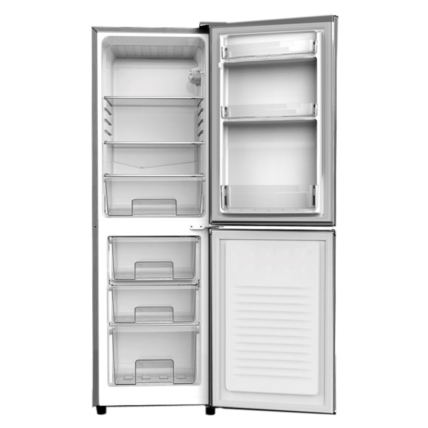 Frigorifero aperto con cassetti e ripiani trasparenti. Interno bianco, esterno argentato.