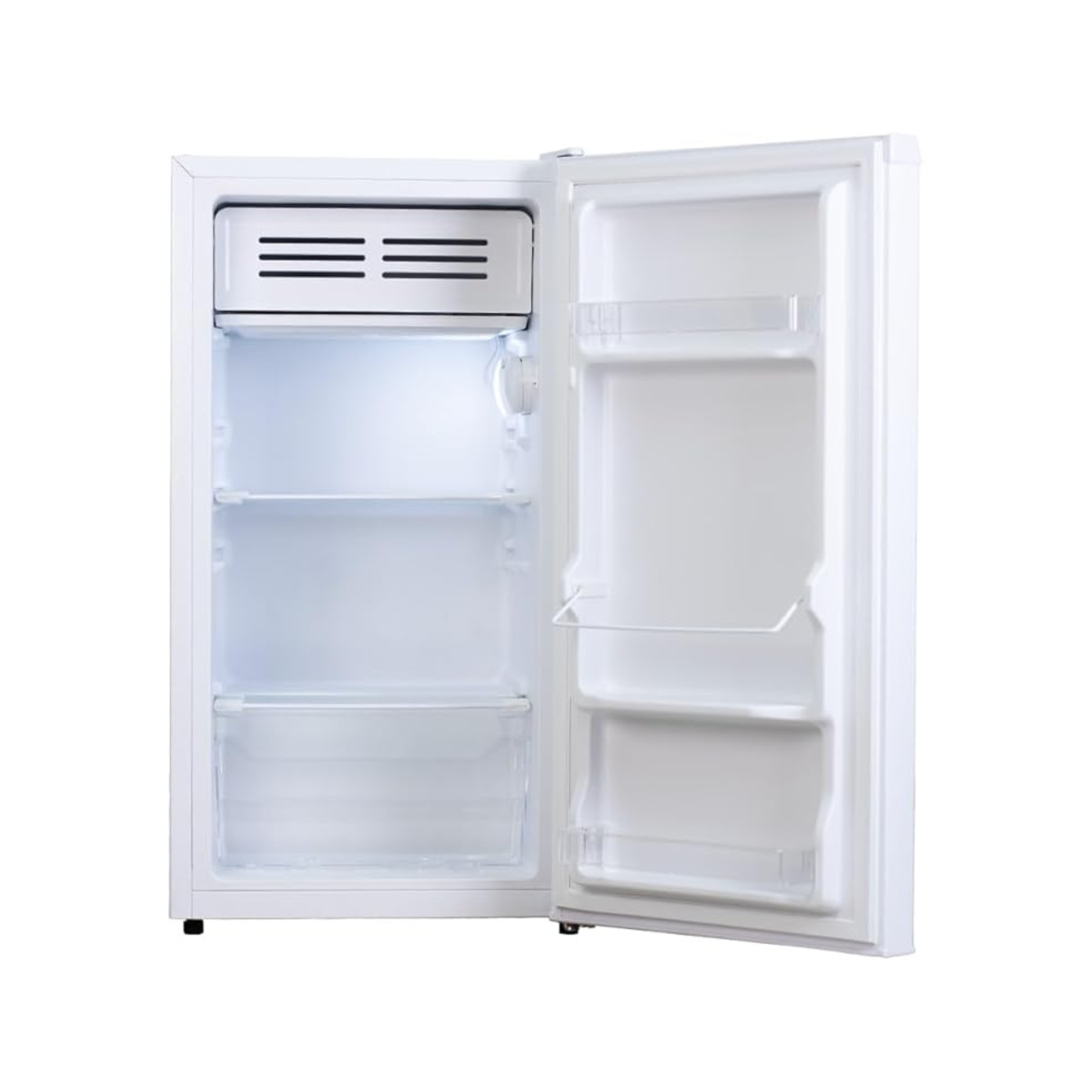 Frigorifero bianco con porta aperta. Interno con ripiani, cassetti e luce.