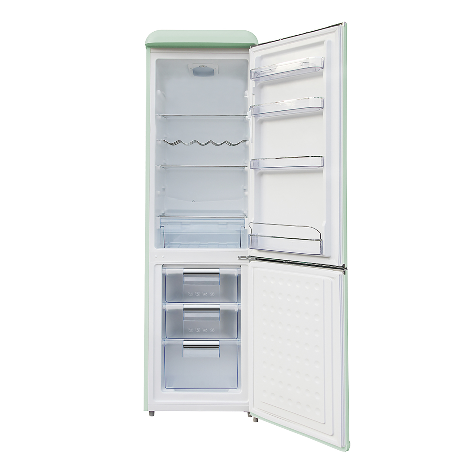 Frigorifero verde menta con porta aperta. Interno con ripiani e cassetti.