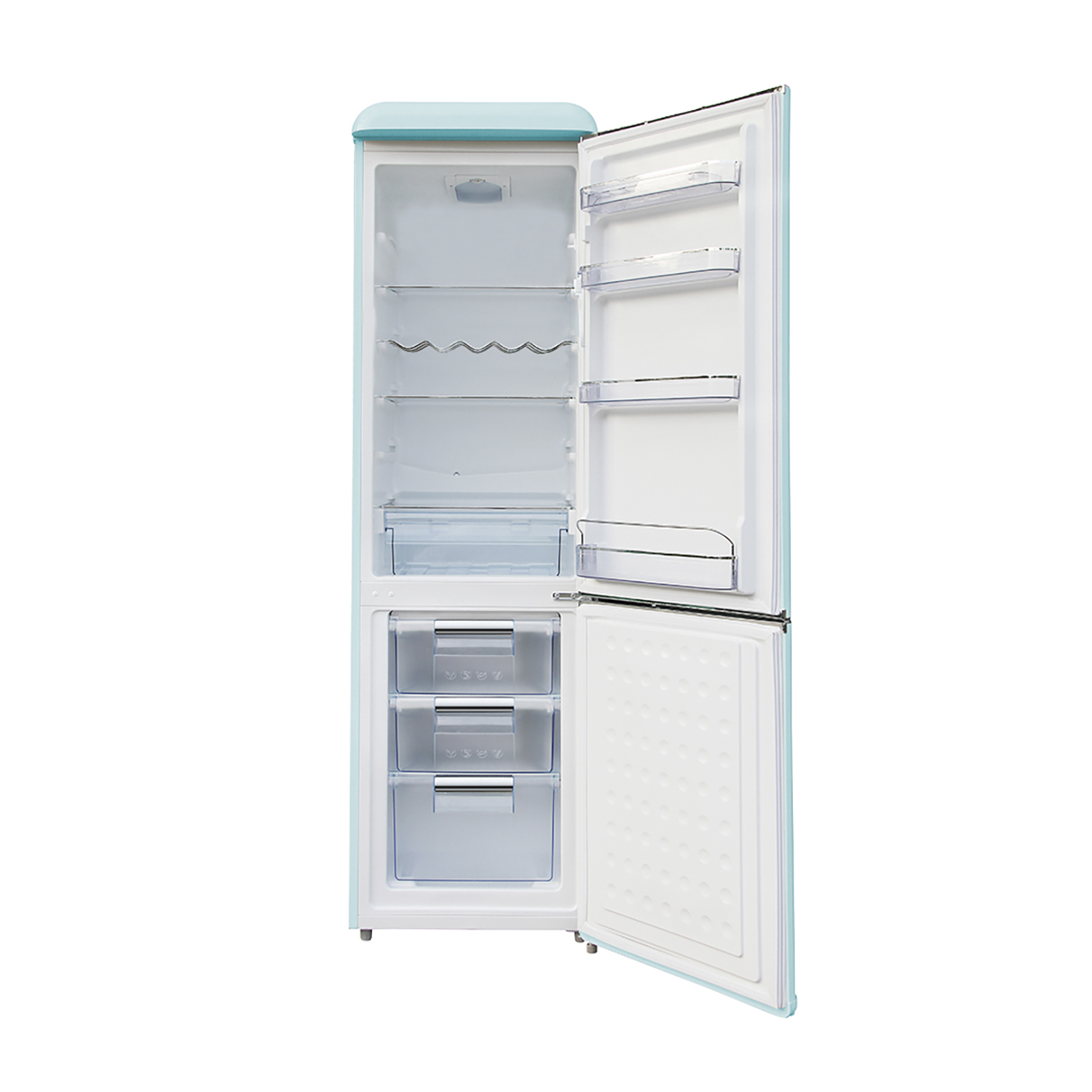 Frigorifero retrò verde menta con porta aperta. Scaffali, cassetti e alimenti visibili.