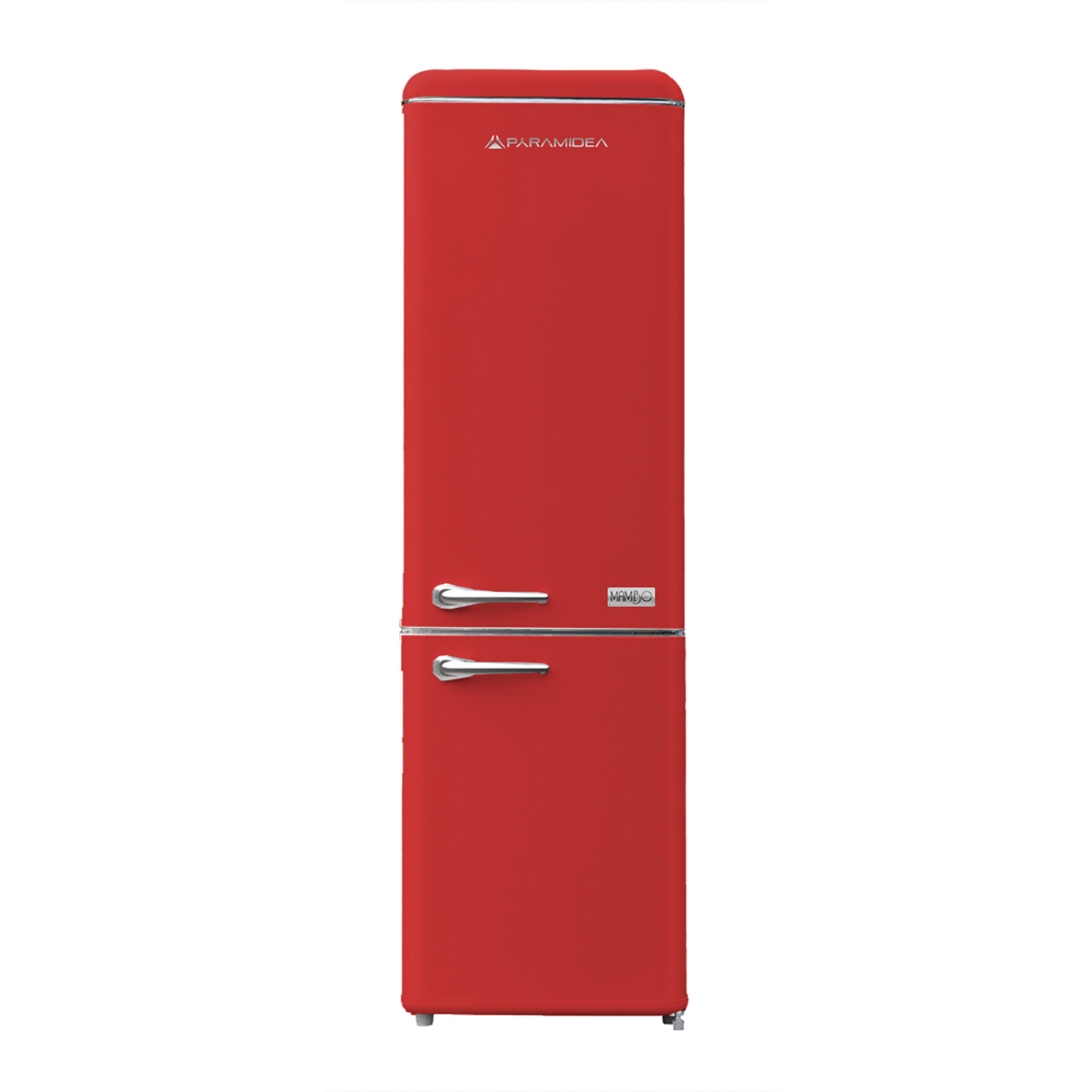 Frigorifero rosso con design a due porte. Stile retrò, maniglie argentate e logo 'PYRAMIDEA'.