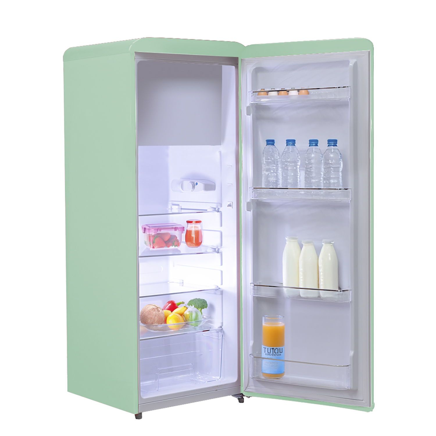 Un frigorifero in stile retrò con la porta aperta. All'interno ci sono alimenti.