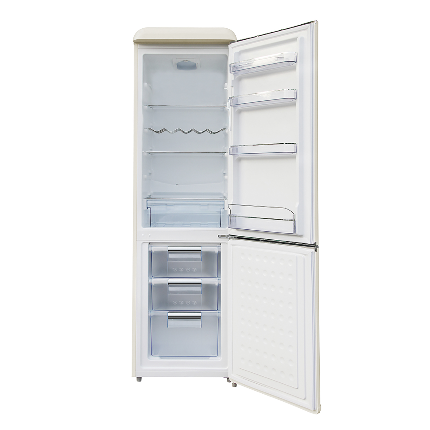 Frigorifero aperto con esterno beige. Interno con ripiani, cassetti e stoccaggio alimenti.