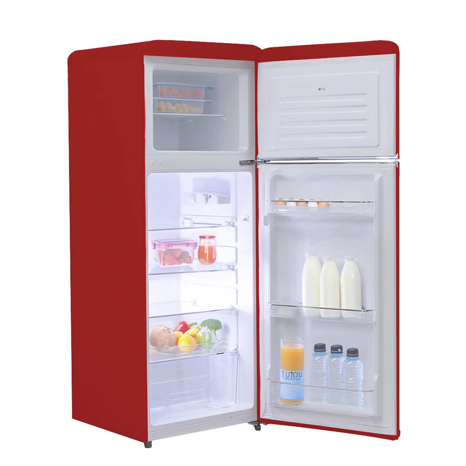 Un frigorifero rosso con la porta aperta, che mostra l'interno con ripiani e contenuto.