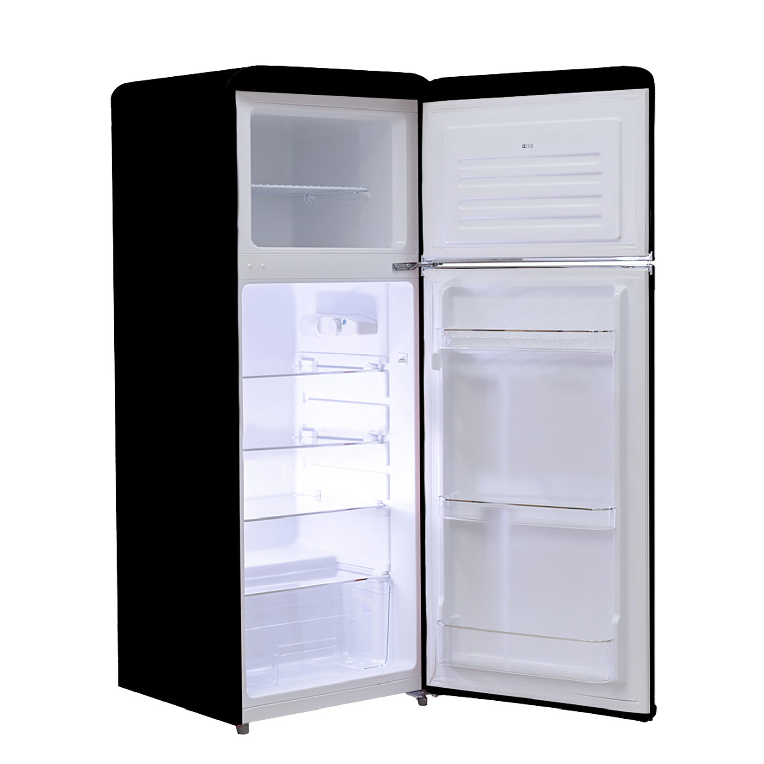 Un frigorifero nero con porte aperte, interno bianco.