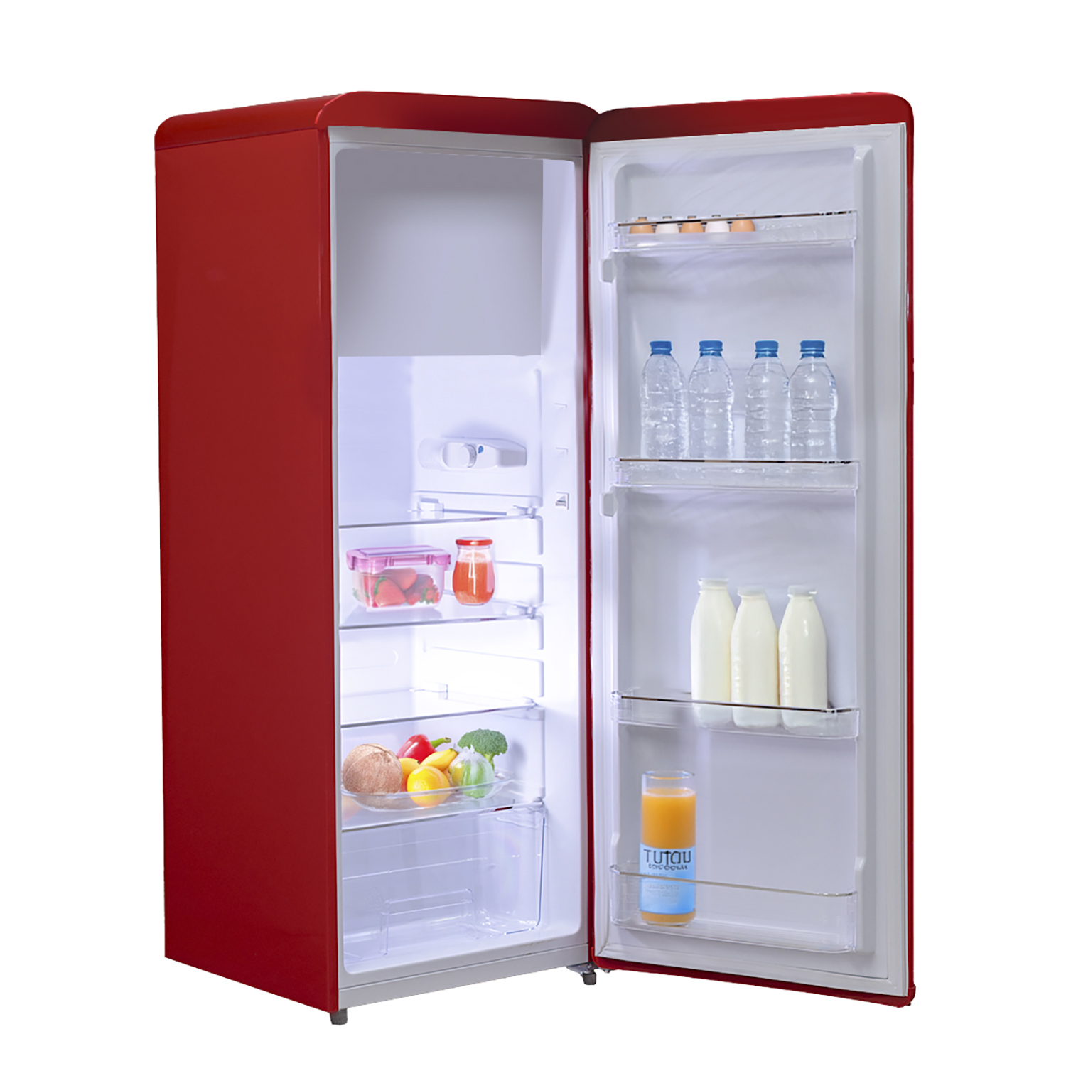 Frigorifero rosso aperto, rivela ripiani con cibi come frutta, verdura e bevande.
