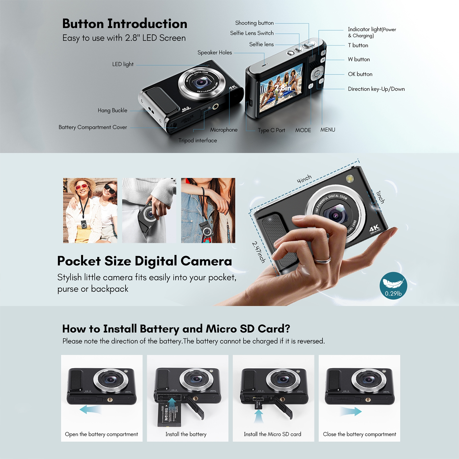 Aparat cyfrowy z przyciskami i ekranem. Schematy pokazują funkcje i instalację baterii.