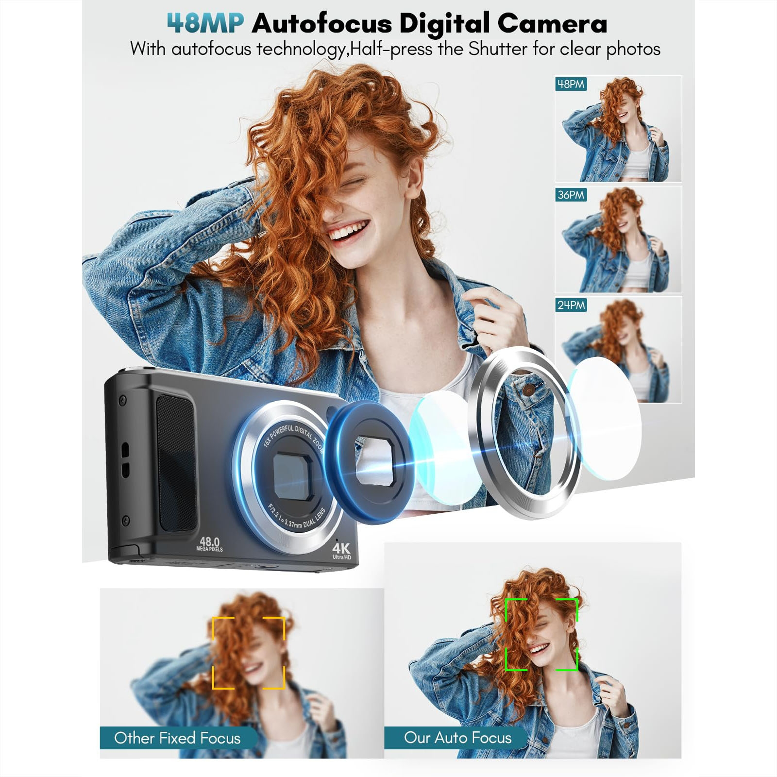 Kobieta z rudymi włosami uśmiecha się, trzymając aparat. Aparat cyfrowy z autofokusem i 3 przykłady rozdzielczości zdjęć.