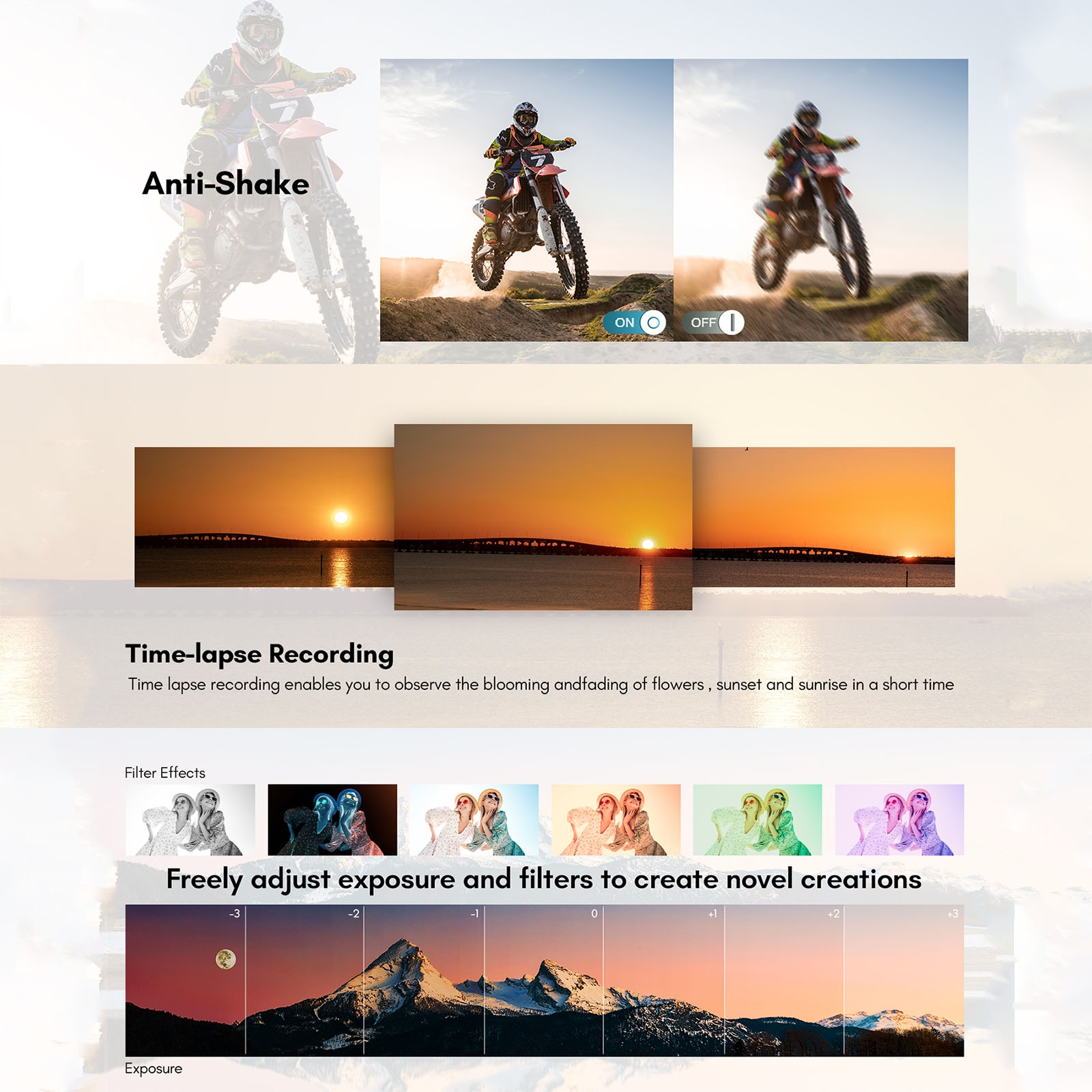 Obrazek przedstawia aparat z funkcjami przeciwwstrząsowymi i nagrywaniem poklatkowym. Pokazano różne efekty filtrów.