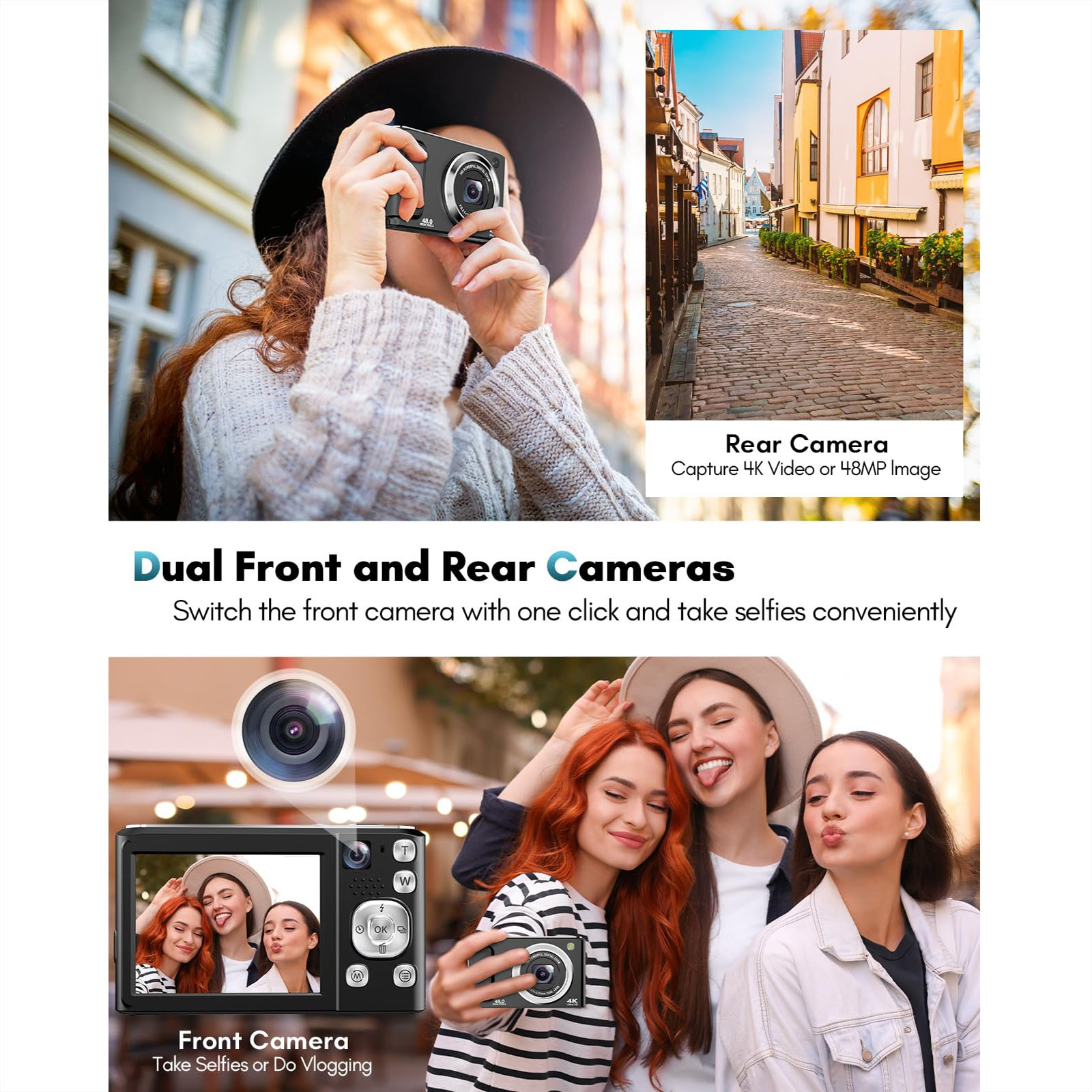 Kobiety robiące selfie aparatem. Obecne są zdjęcia aparatu i ulicy miejskiej.