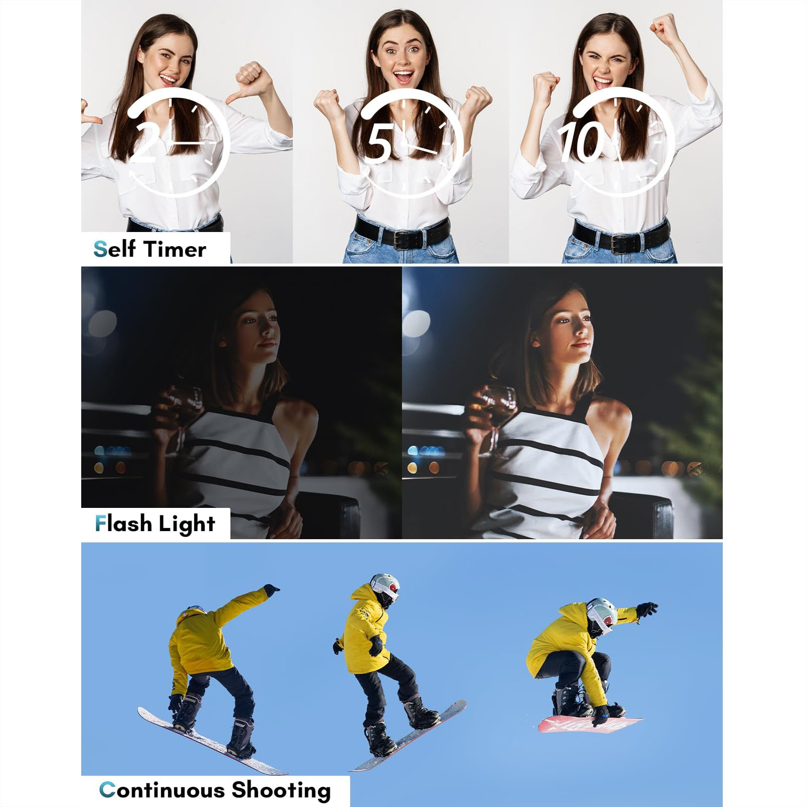 Sekwencje zdjęć: samowyzwalacz, światło błyskowe i tryb zdjęć seryjnych, prezentujące różne scenariusze.