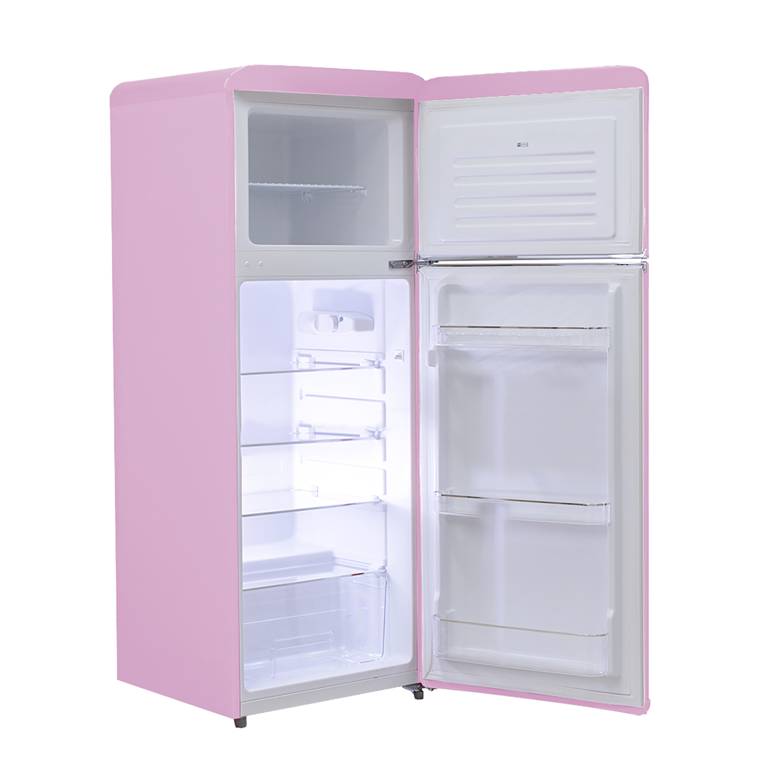 Frigorifero retrò rosa con porta aperta. Interno visibile con ripiani e cassetti.