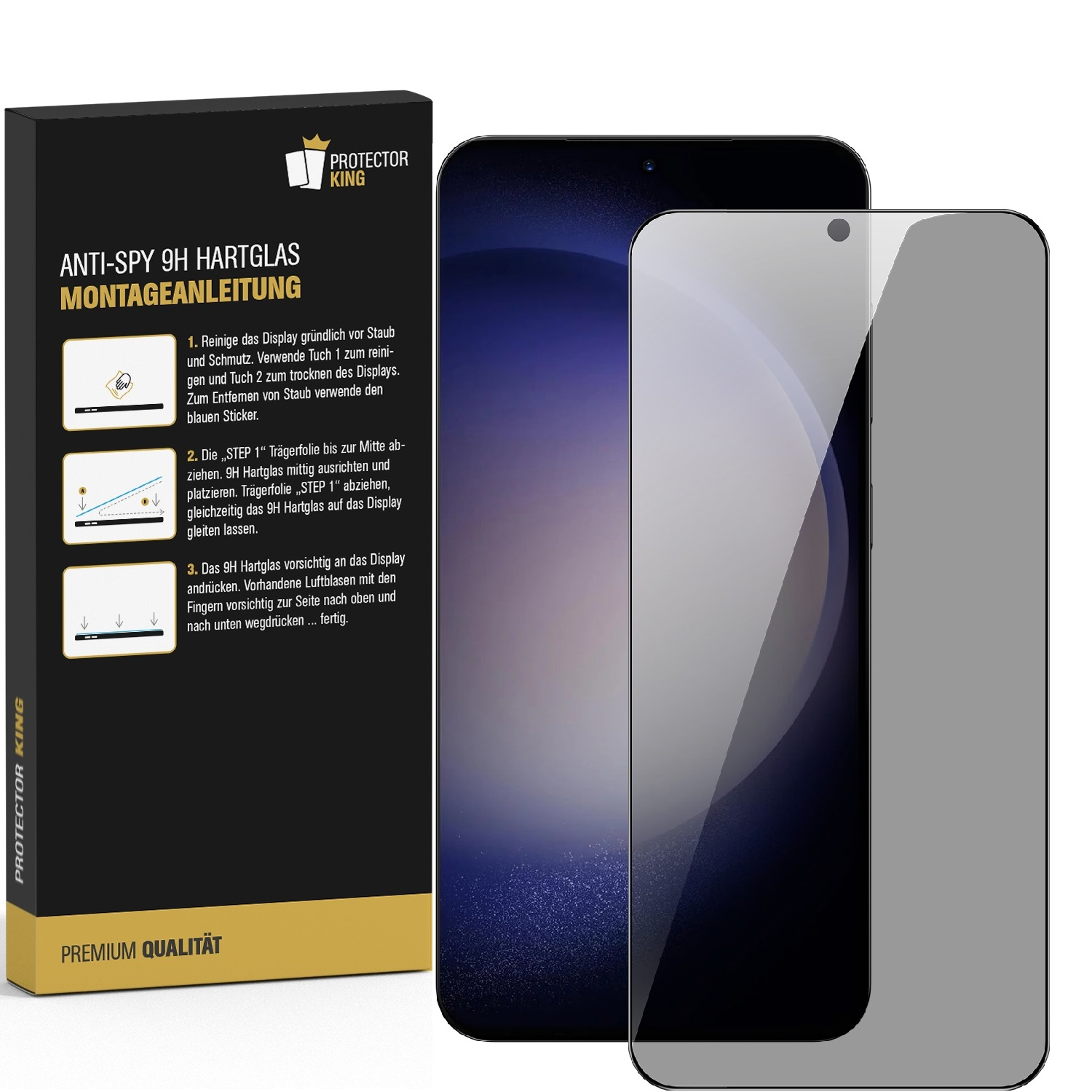 Box mit Displayschutzfolien und Anweisungen, neben einem Telefon mit angebrachtem Displayschutz.