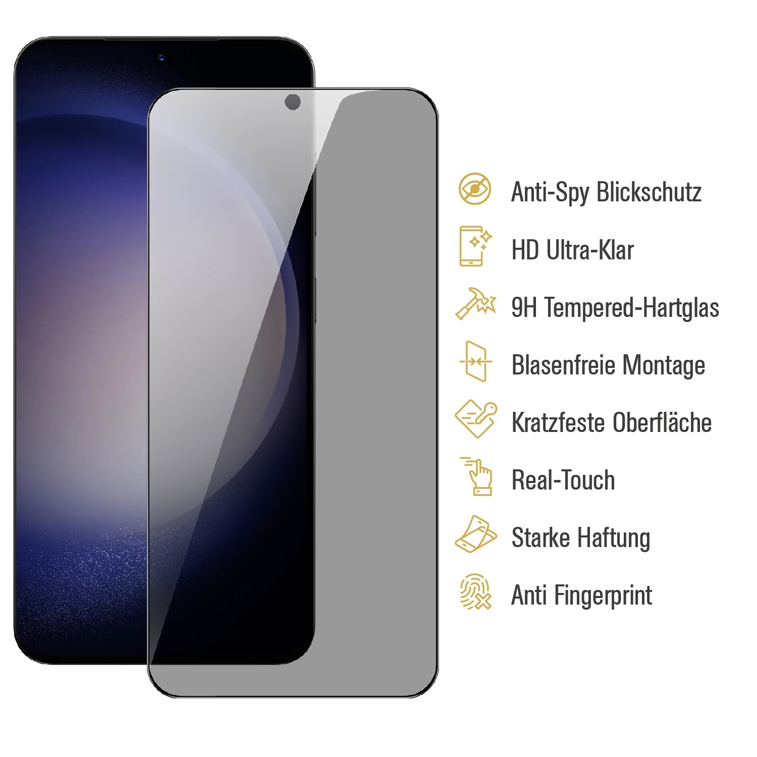 Smartphone mit angebrachtem Displayschutz. Textlabels beschreiben Funktionen wie Anti-Spy und HD Ultra-Clear.