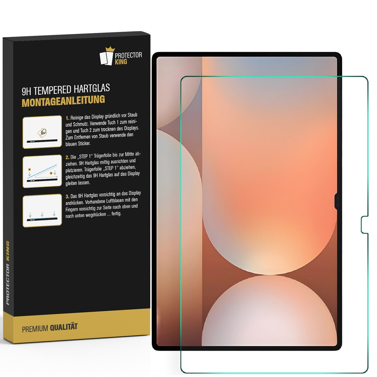 Tablet-Displayschutzfolien-Kit. Box mit Anweisungen und Glasschutz auf weißer Oberfläche.