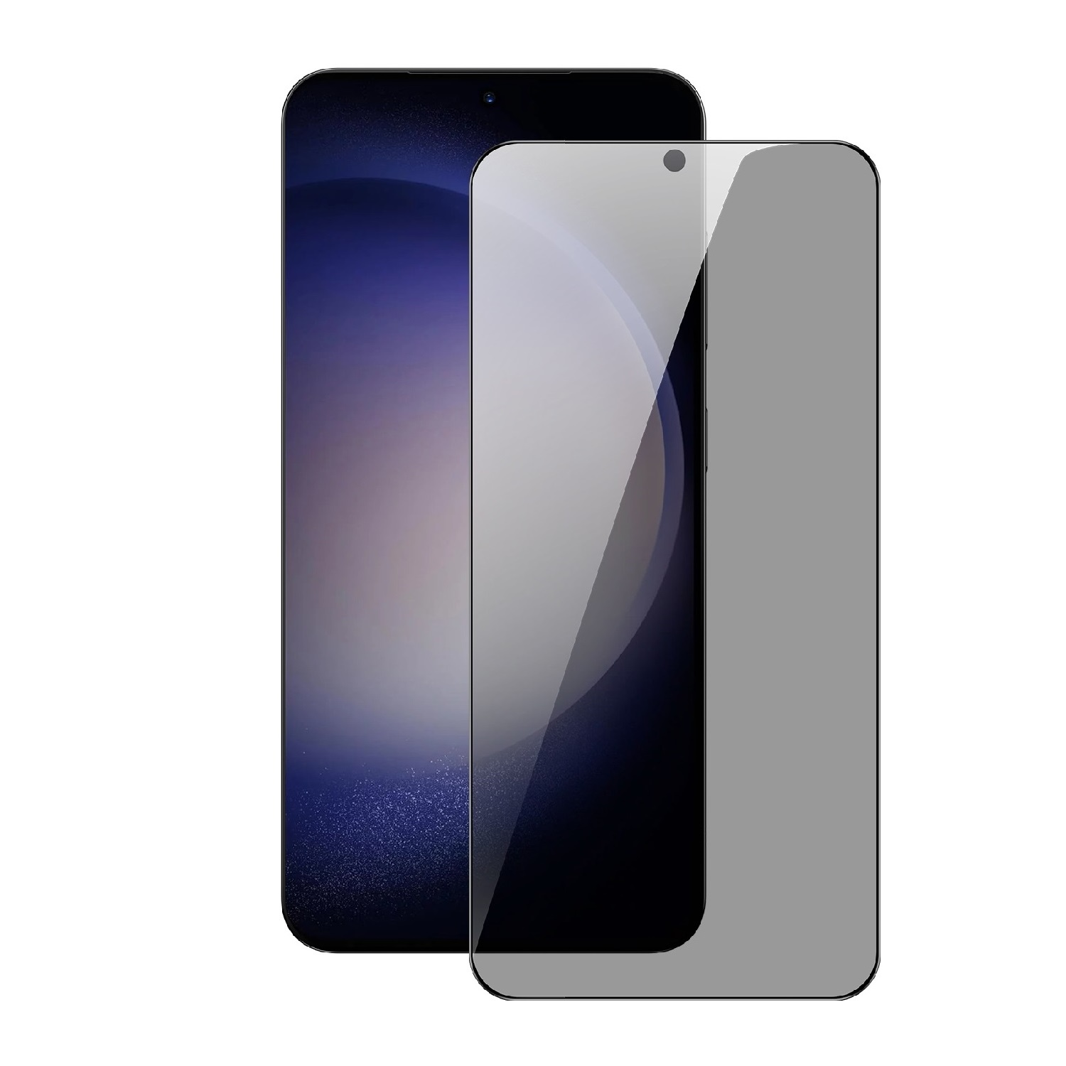 Smartphone mit angebrachter Displayschutzfolie. Schwarzes Telefon mit grau getöntem Schutz.