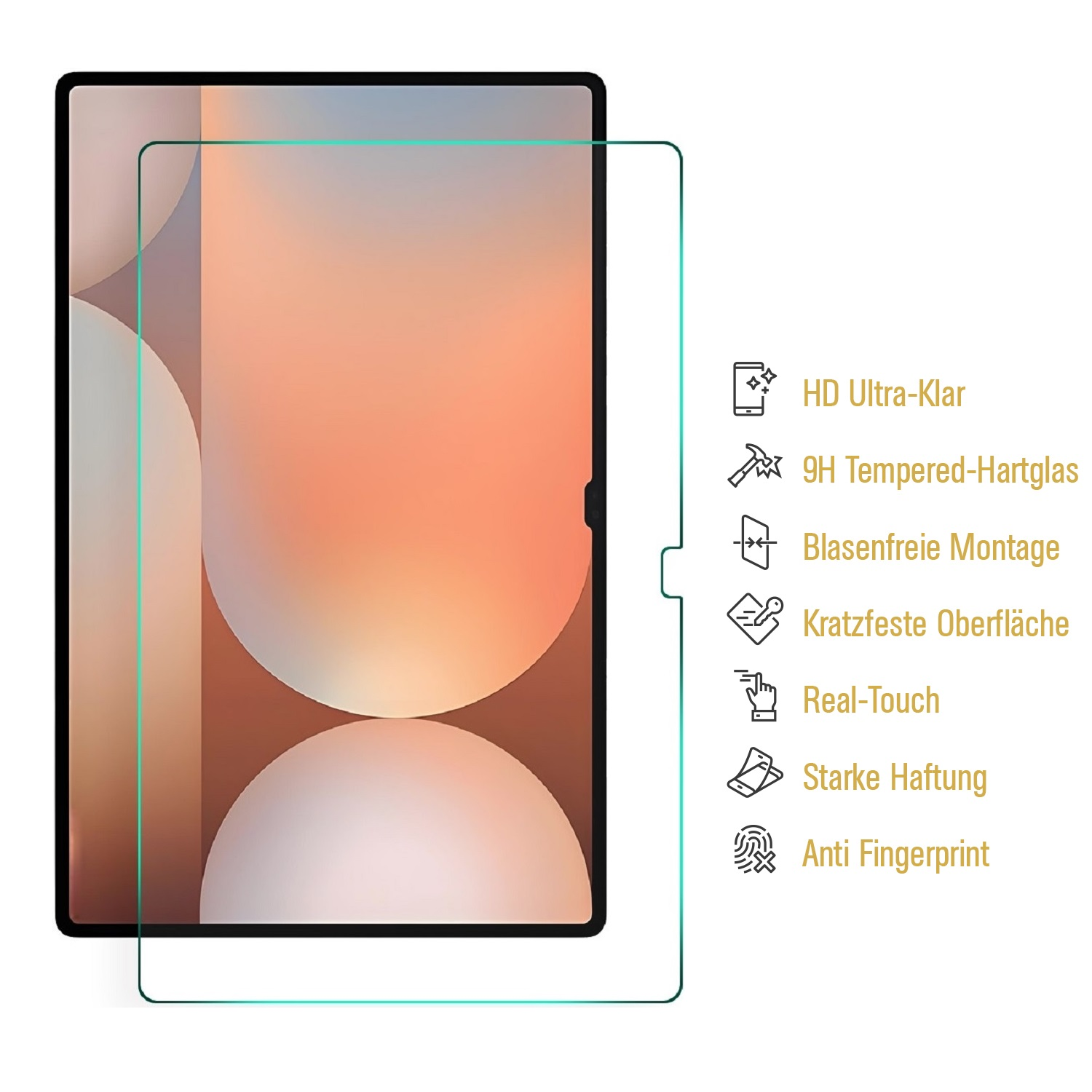 Eine Displayschutzfolie für ein Tablet mit Anweisungen und Produktbeschreibung.