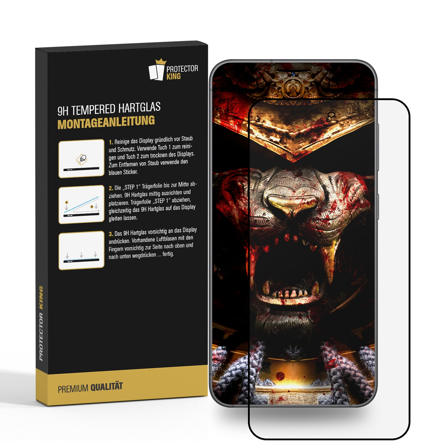 Eine Handyschutzbox und ein Handy mit Displayschutz, mit Grafik.