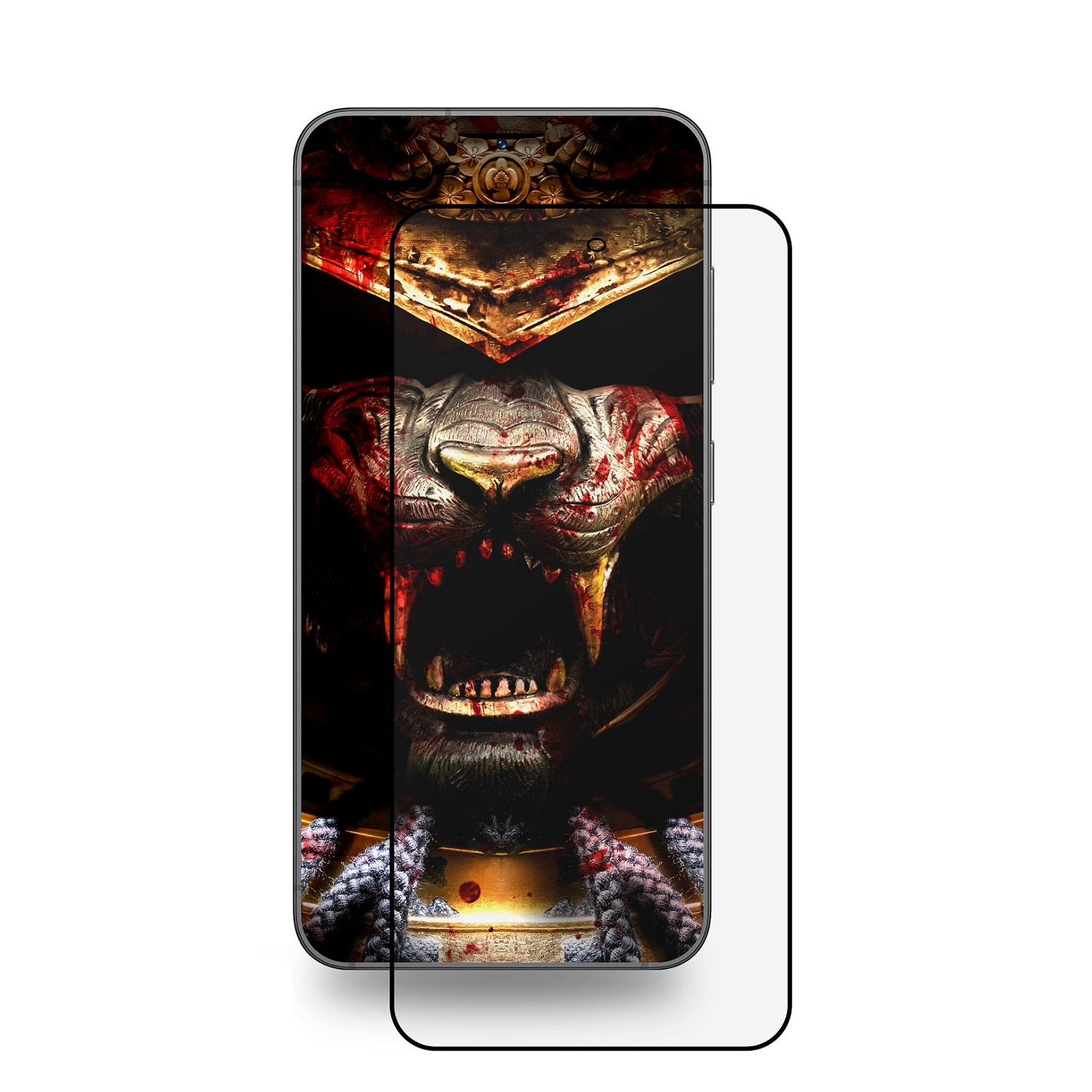 Handy-Bildschirmschutz mit einem Bild eines Samurais. Der Schutz ist auf einem Telefon.