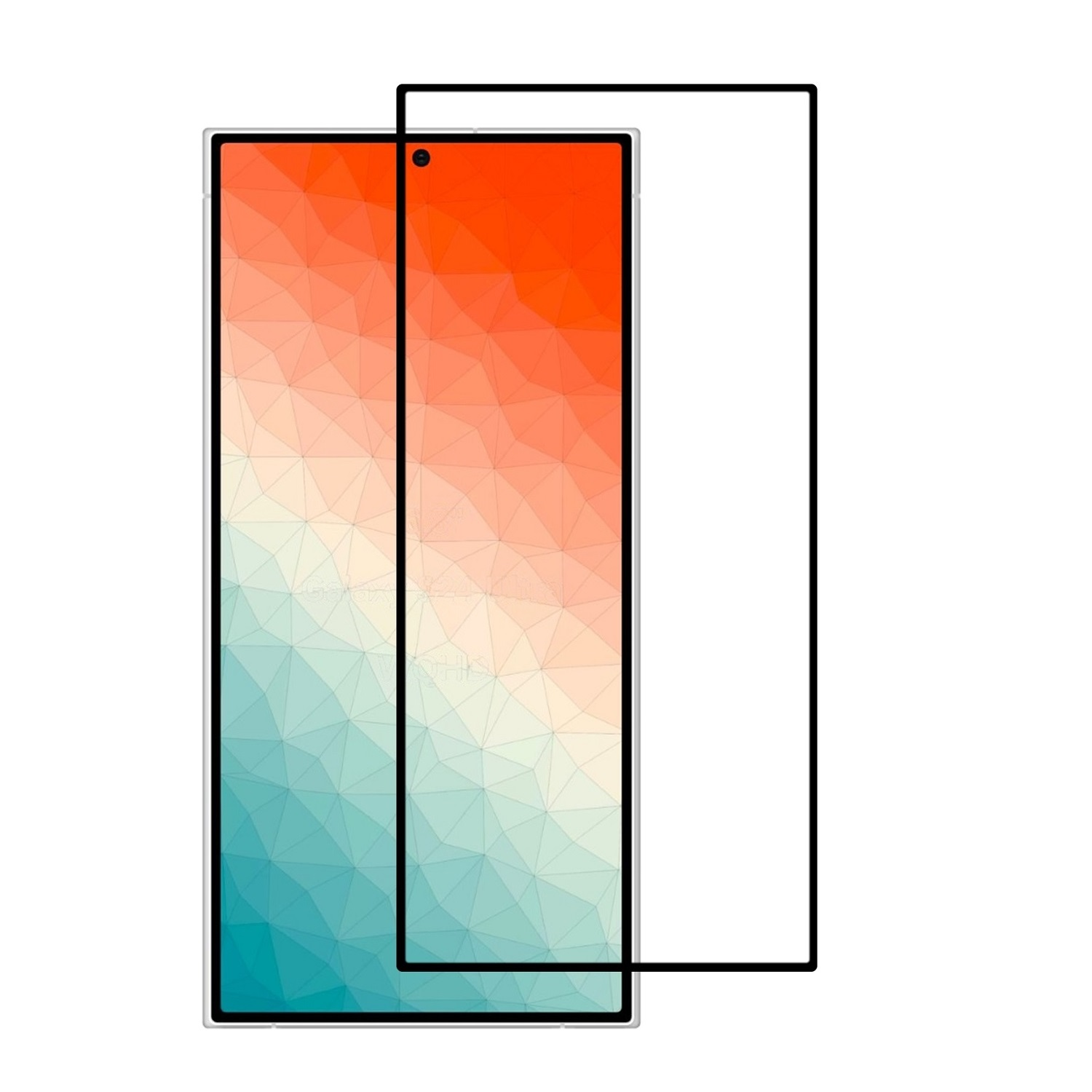 Ein Smartphone mit Displayschutz, das ein farbenfrohes geometrisches Muster mit schwarzem Rahmen zeigt.