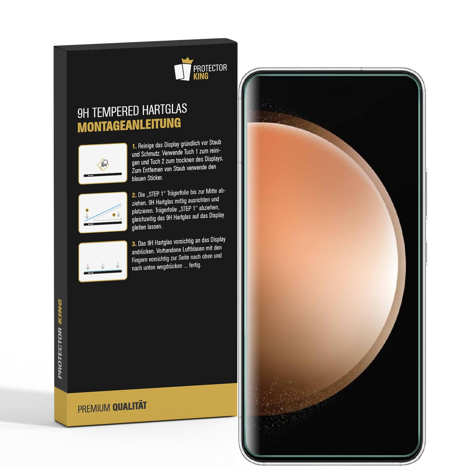 Eine Telefon-Displayschutzfolienbox neben einem Telefon mit angebrachter Displayschutzfolie.
