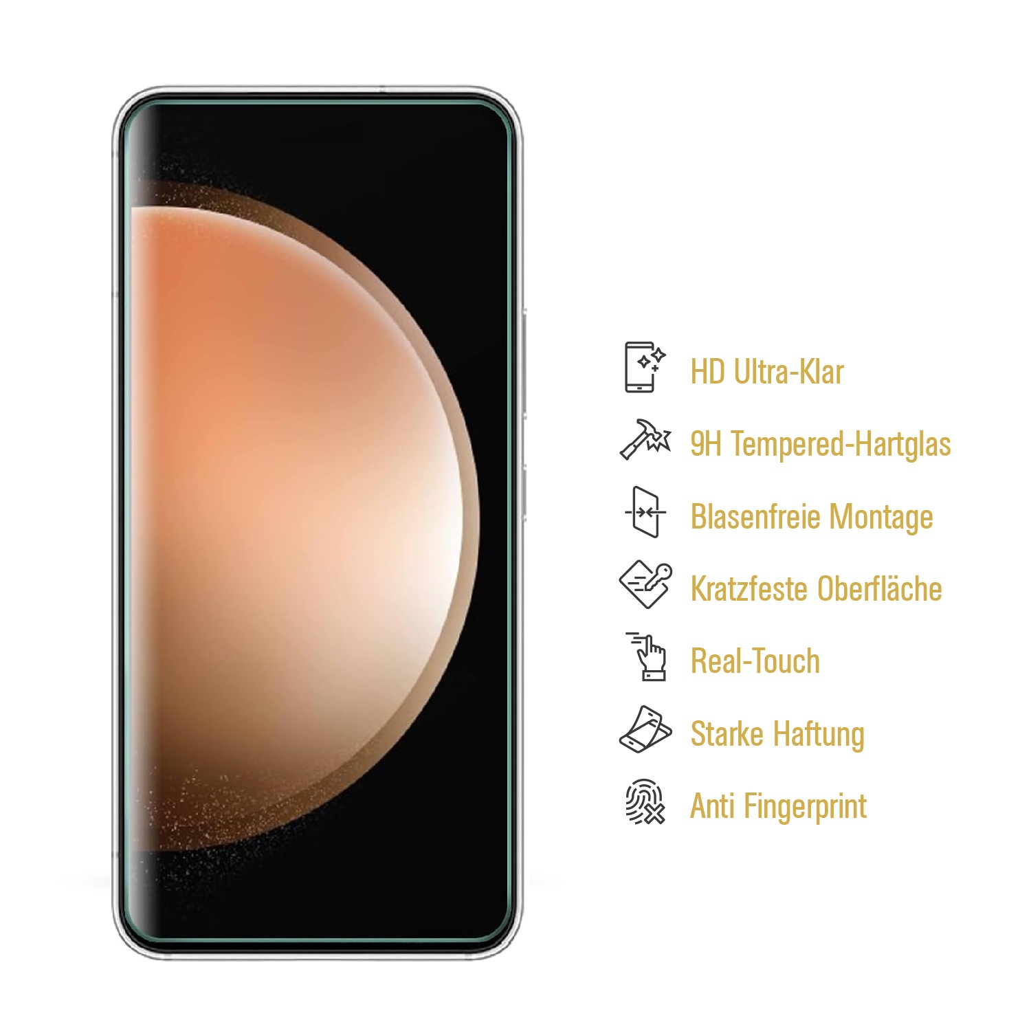 Ein Telefon mit aufgebrachter Displayschutzfolie, mit Textetiketten.